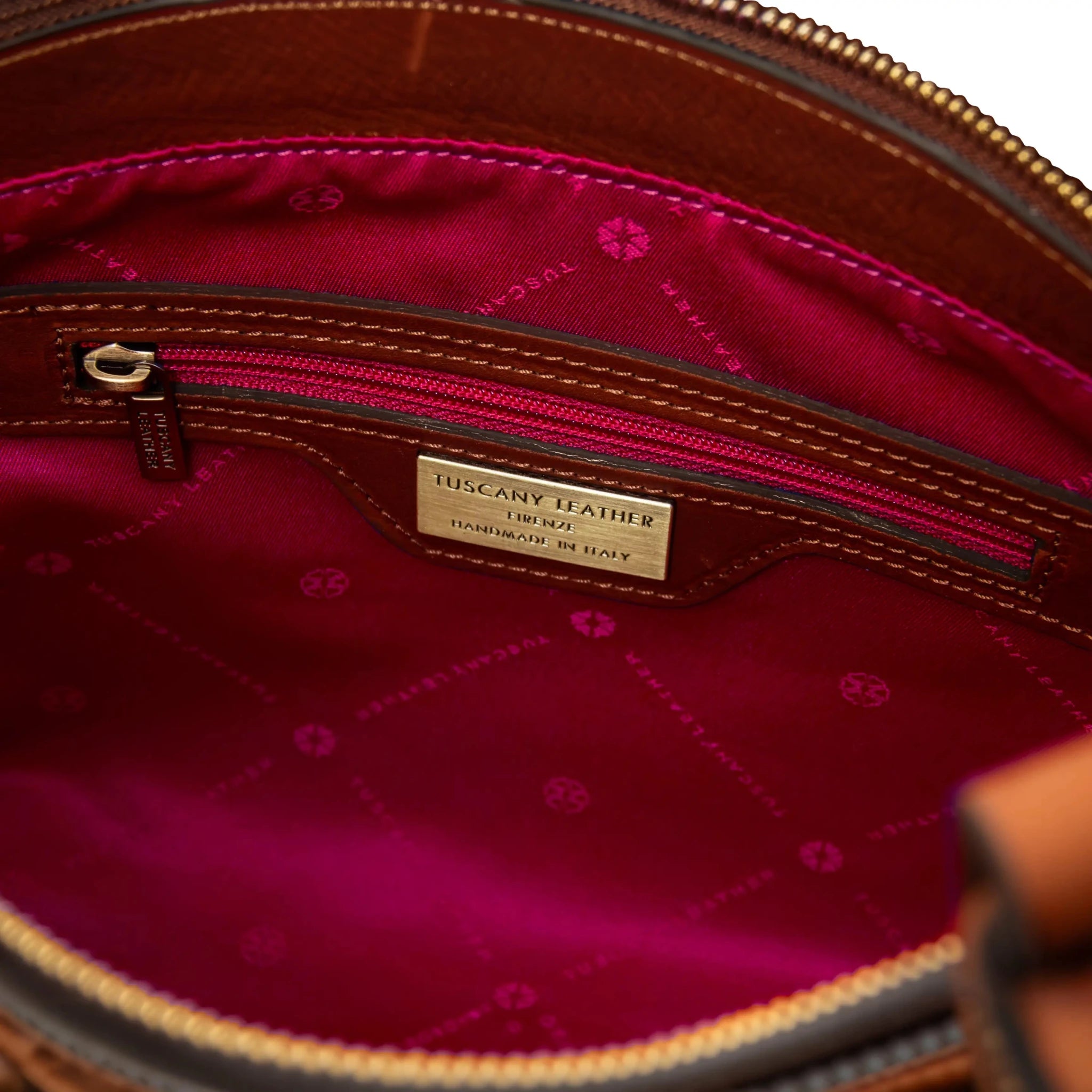 Interior zip pocket red lining view Brown Libra Italian Leather Shoulder Bag on white background