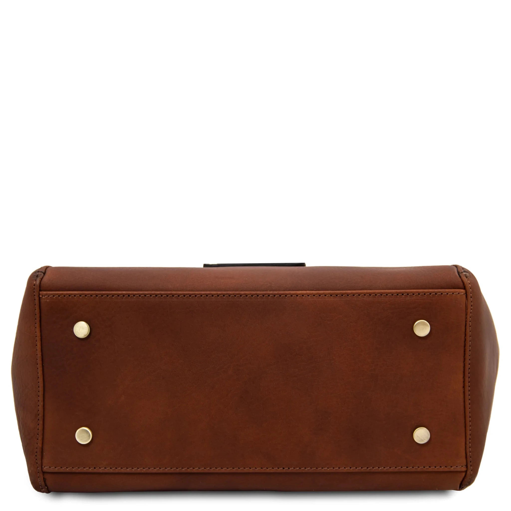 Bottom view Brown Libra Italian Leather Shoulder Bag showing protective brass tone feet