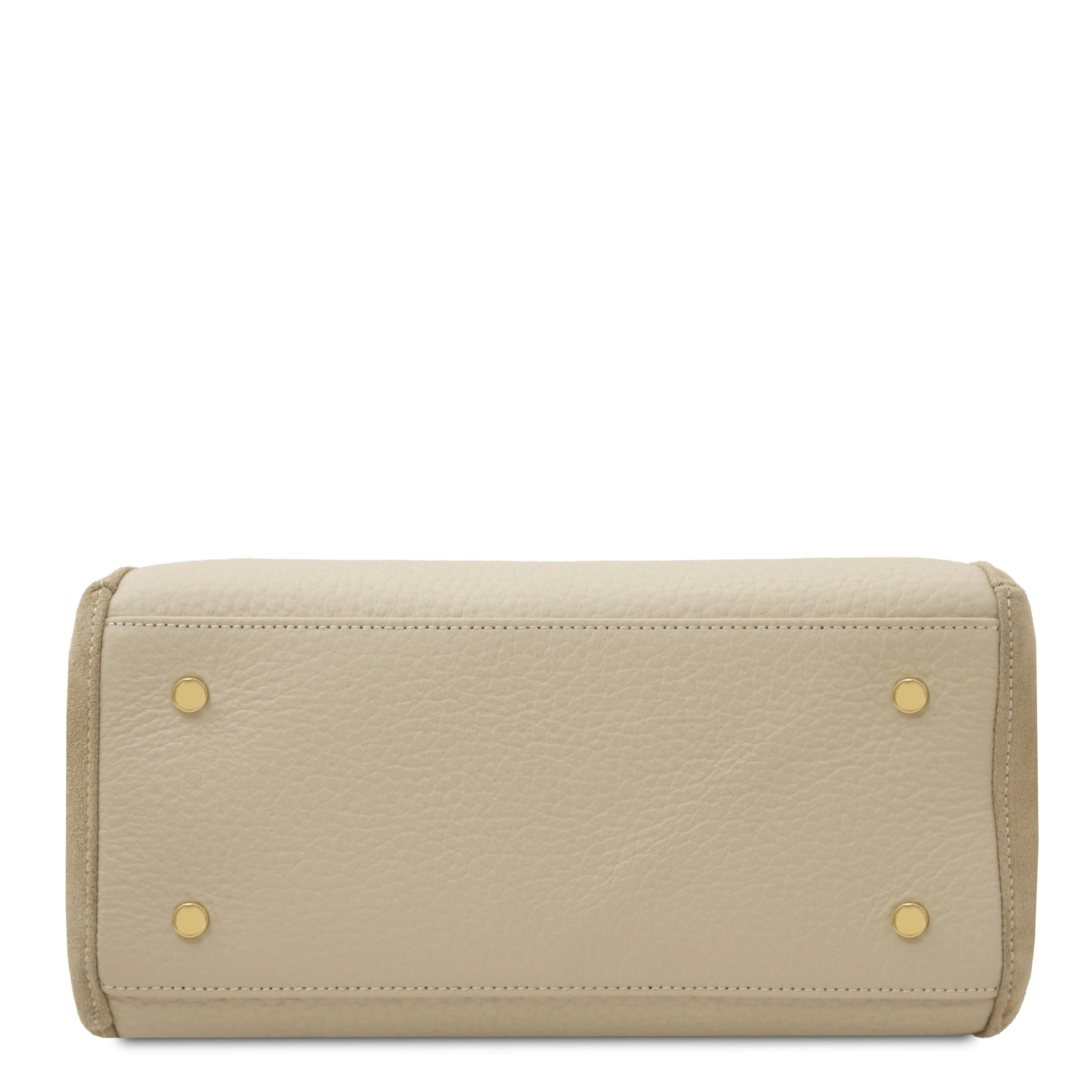 Bottom view of the Libra Leather Suede Shoulder Bag in beige with gold feet and pebbled leather base.