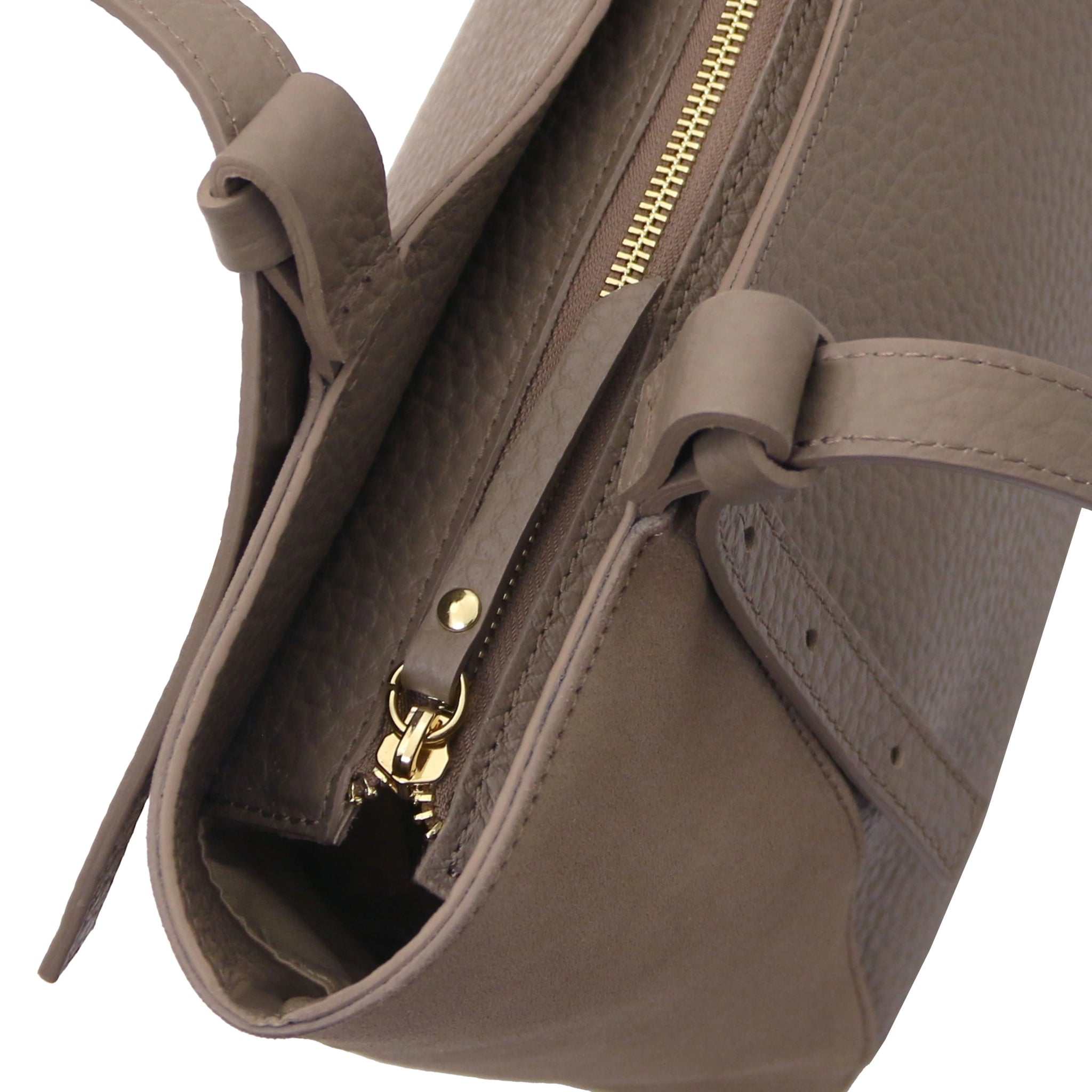 Top view of the Libra Leather Suede Shoulder Bag in dark taupe showing gold zipper and strap detail.