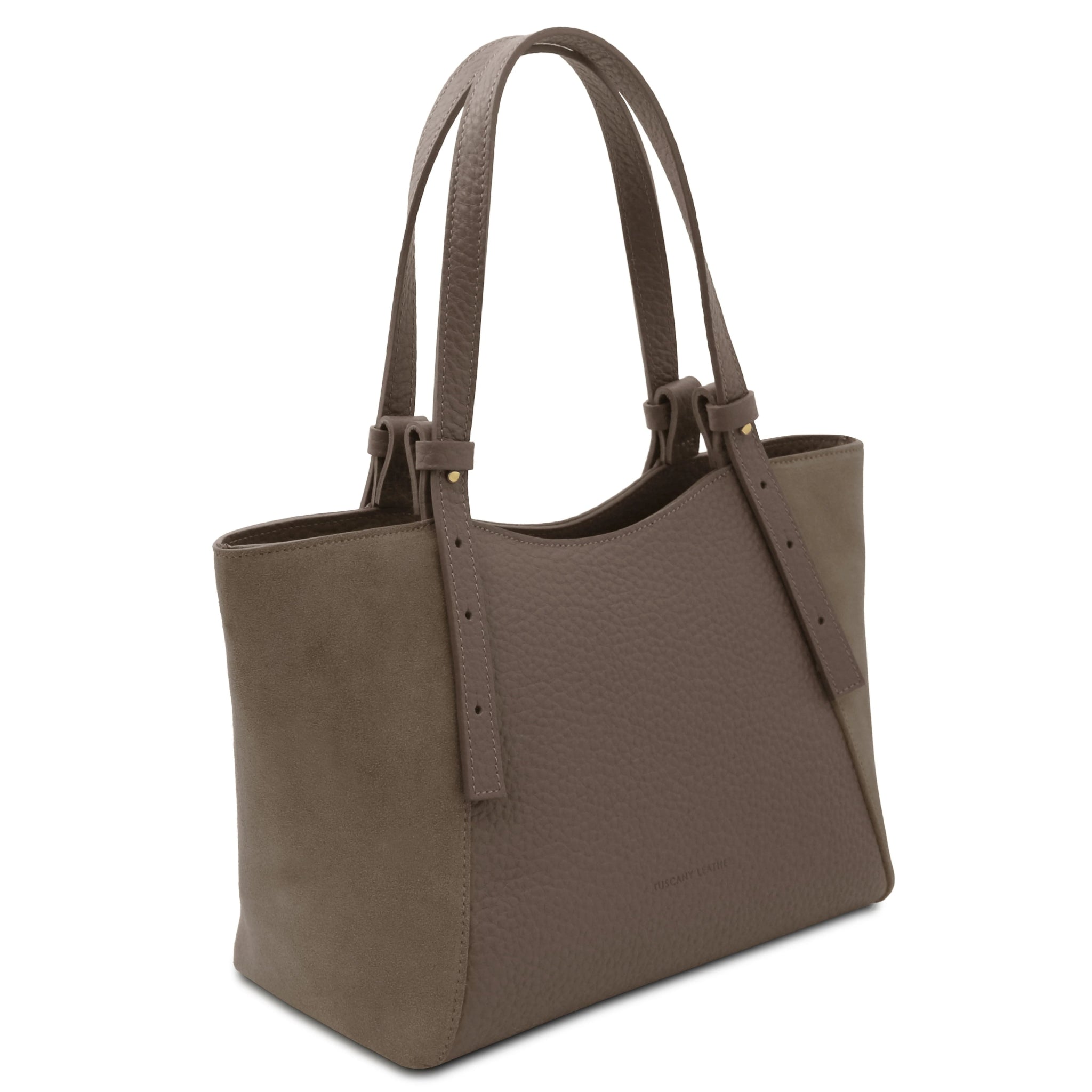 Angled view of the Libra Leather Suede Shoulder Bag in dark taupe, showing its mix of suede and leather.