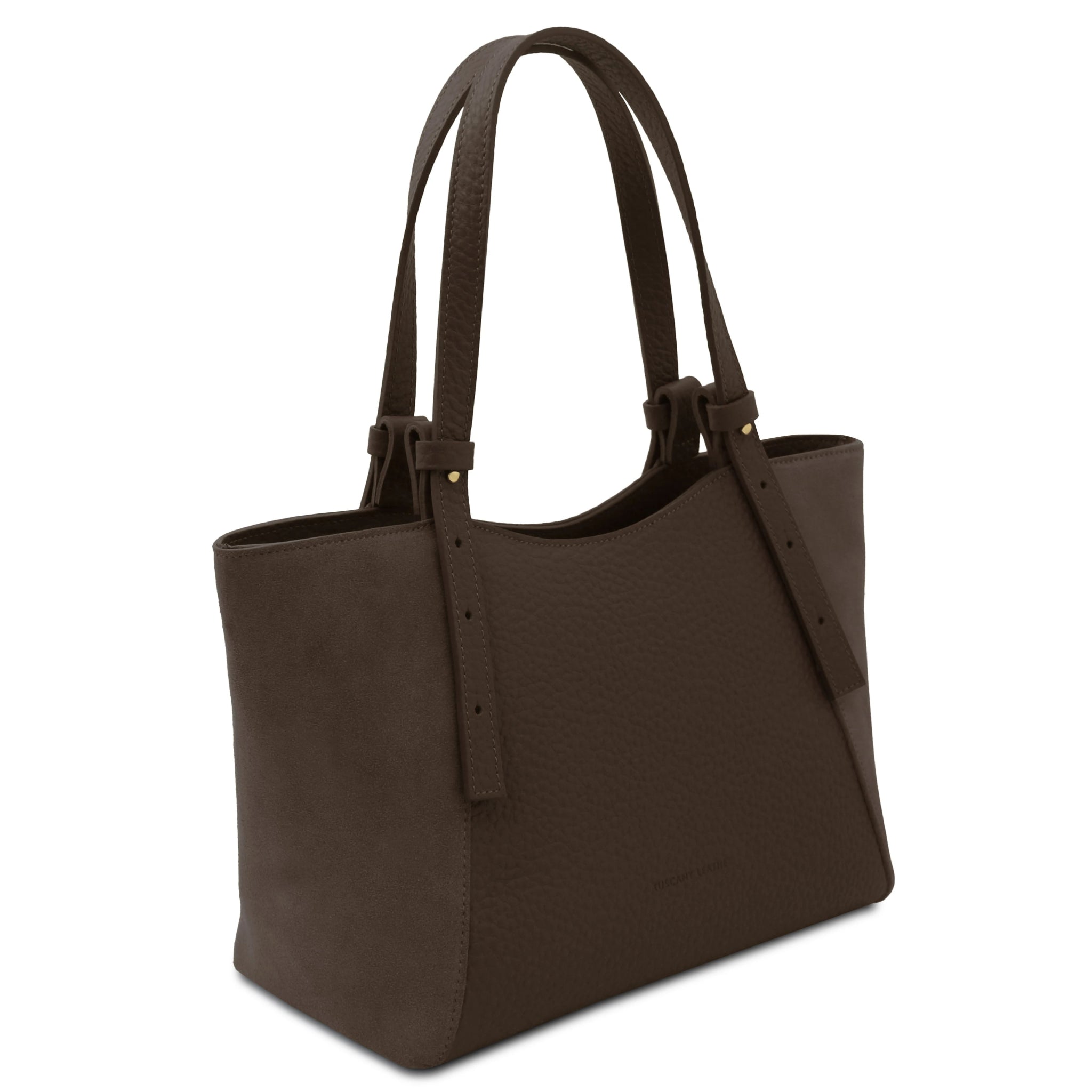 Angled view of the Libra Leather Suede Shoulder Bag in dark brown, showing its mix of suede and leather.
