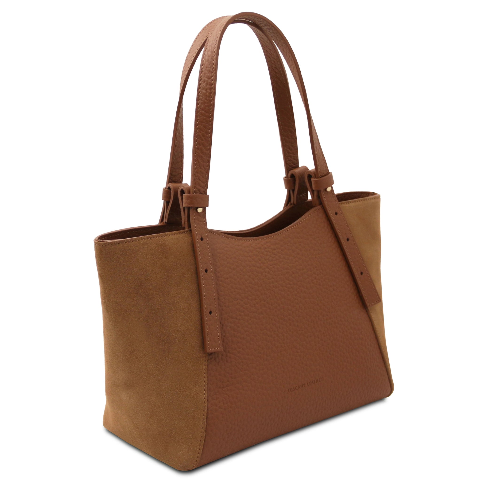 Angled view of the Libra Leather Suede Shoulder Bag in cognac, showing its mix of suede and leather.