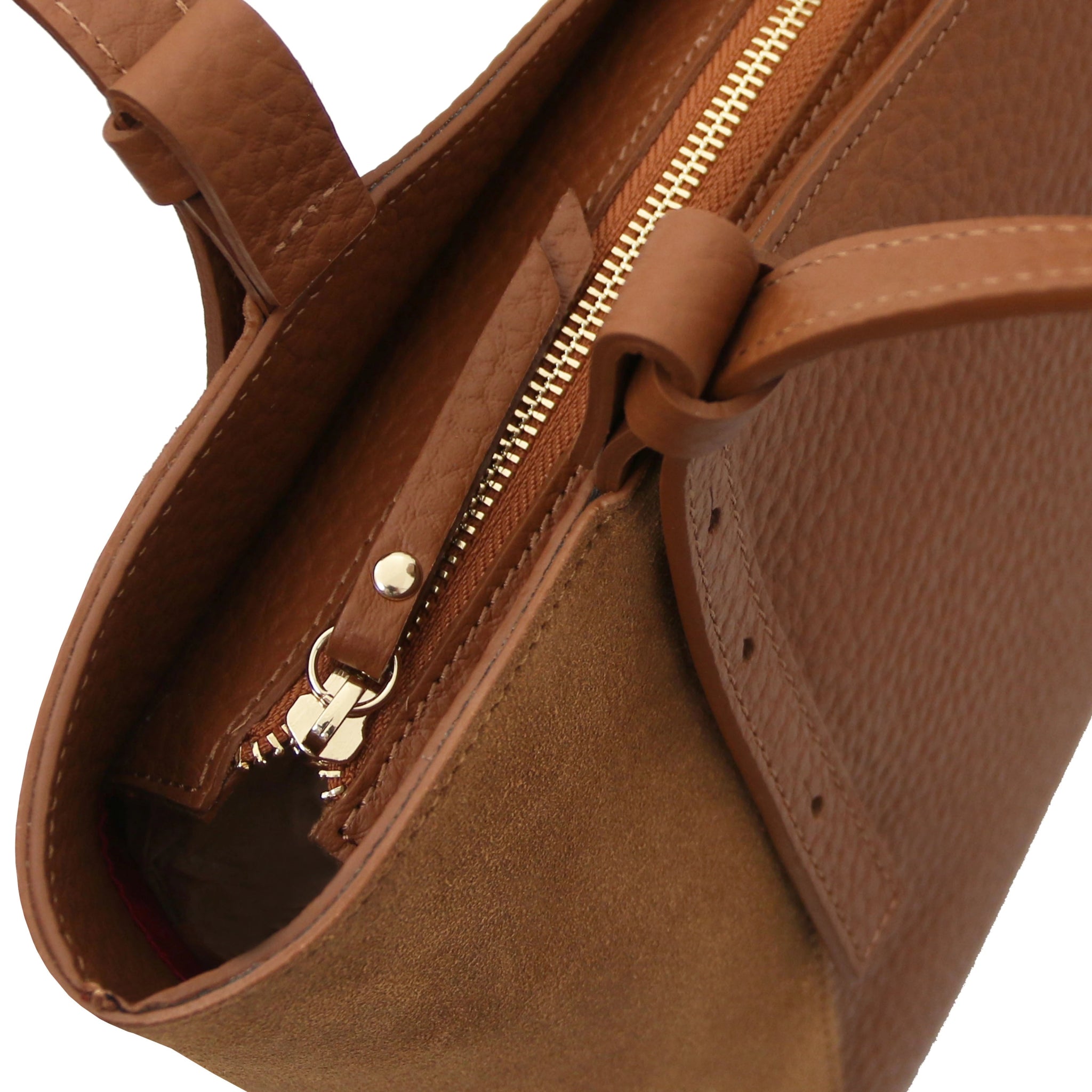 Top view of the Libra Leather Suede Shoulder Bag in cognac showing gold zipper and strap detail.
