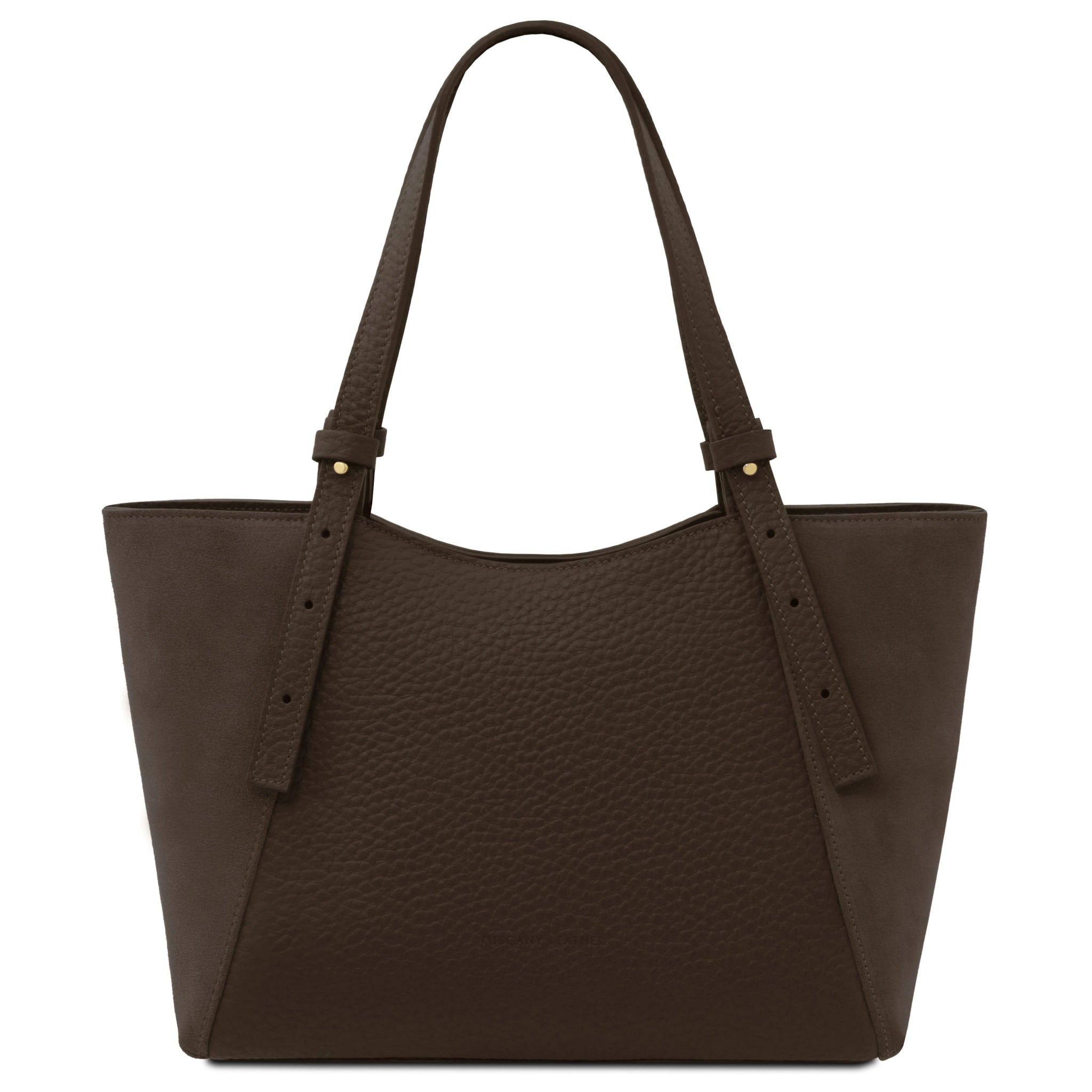 Front view of the Libra Leather Suede Shoulder Bag in dark brown with suede sides and adjustable straps.