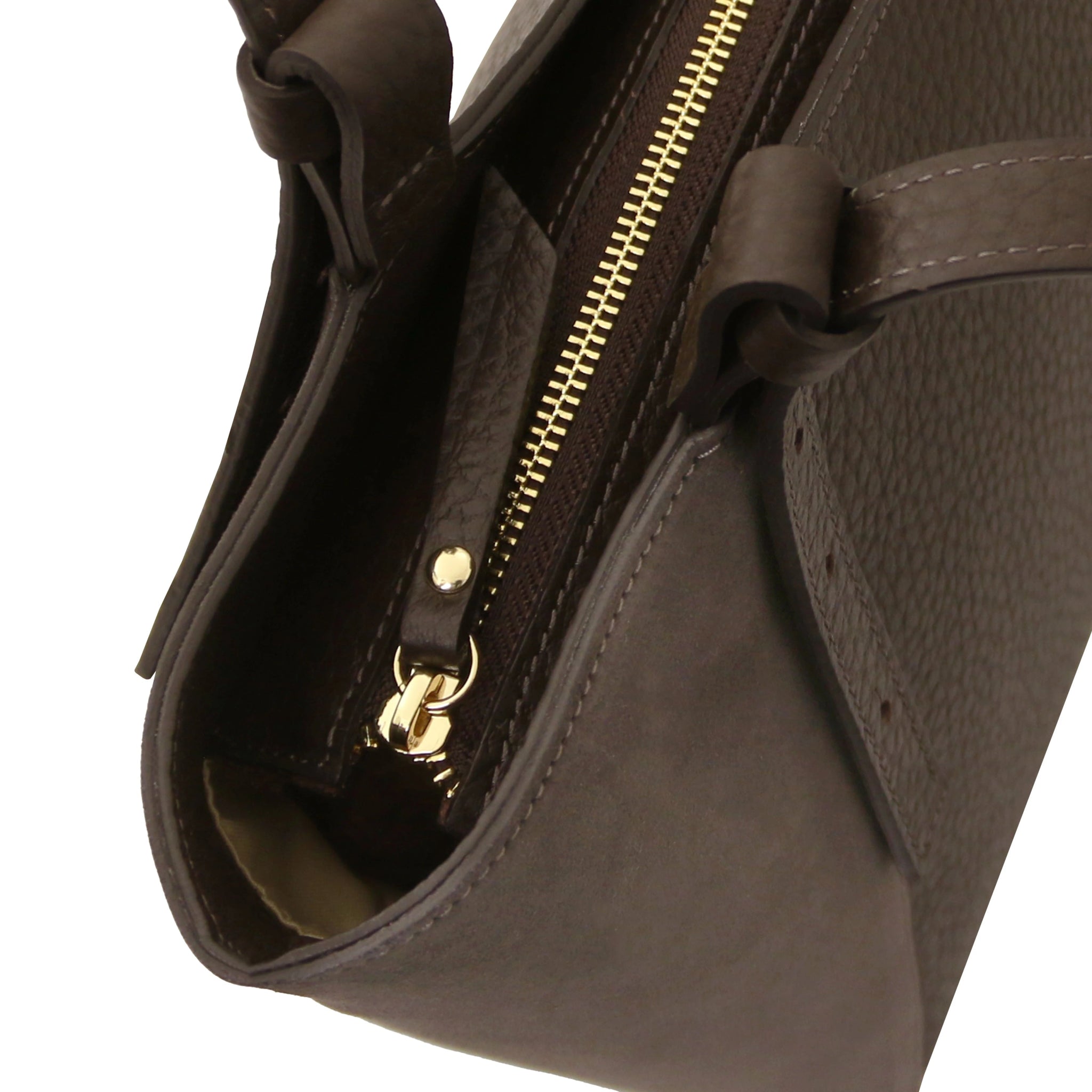 Top view of the Libra Leather Suede Shoulder Bag in dark brown showing gold zipper and strap detail.