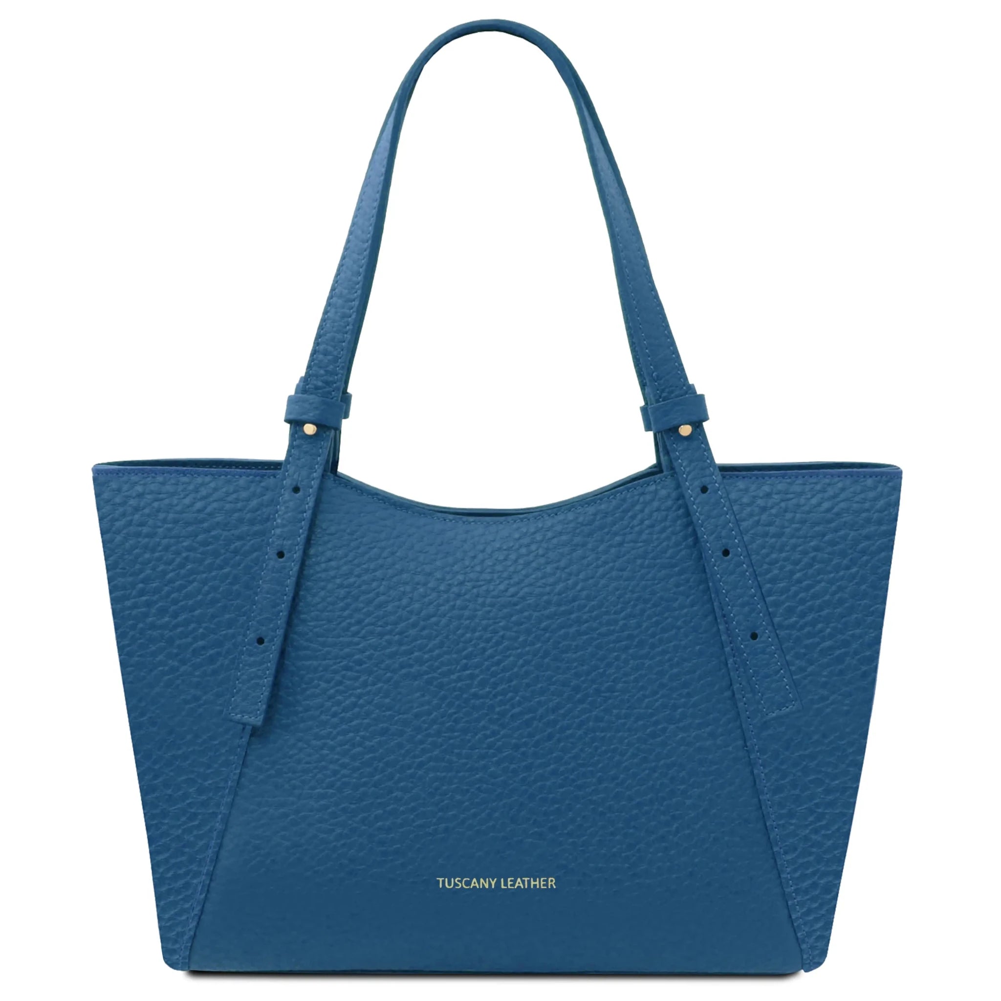 Front view Libra Italian Pebbled Leather Shoulder Bag in denim