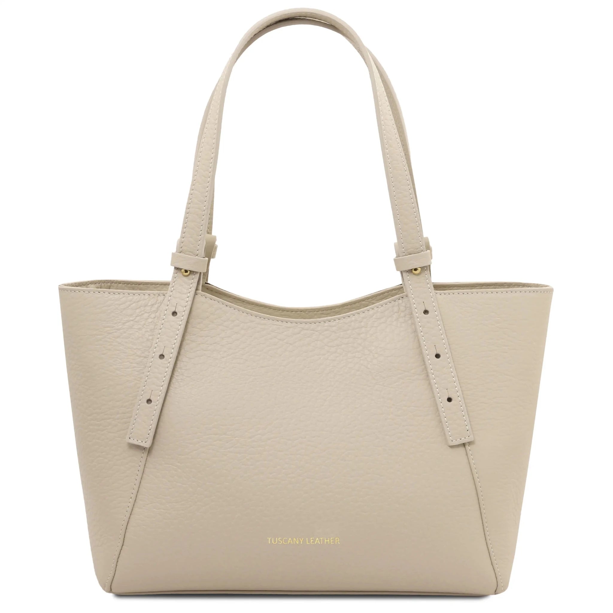 Front view Libra Italian Pebbled Leather Shoulder Bag in beige