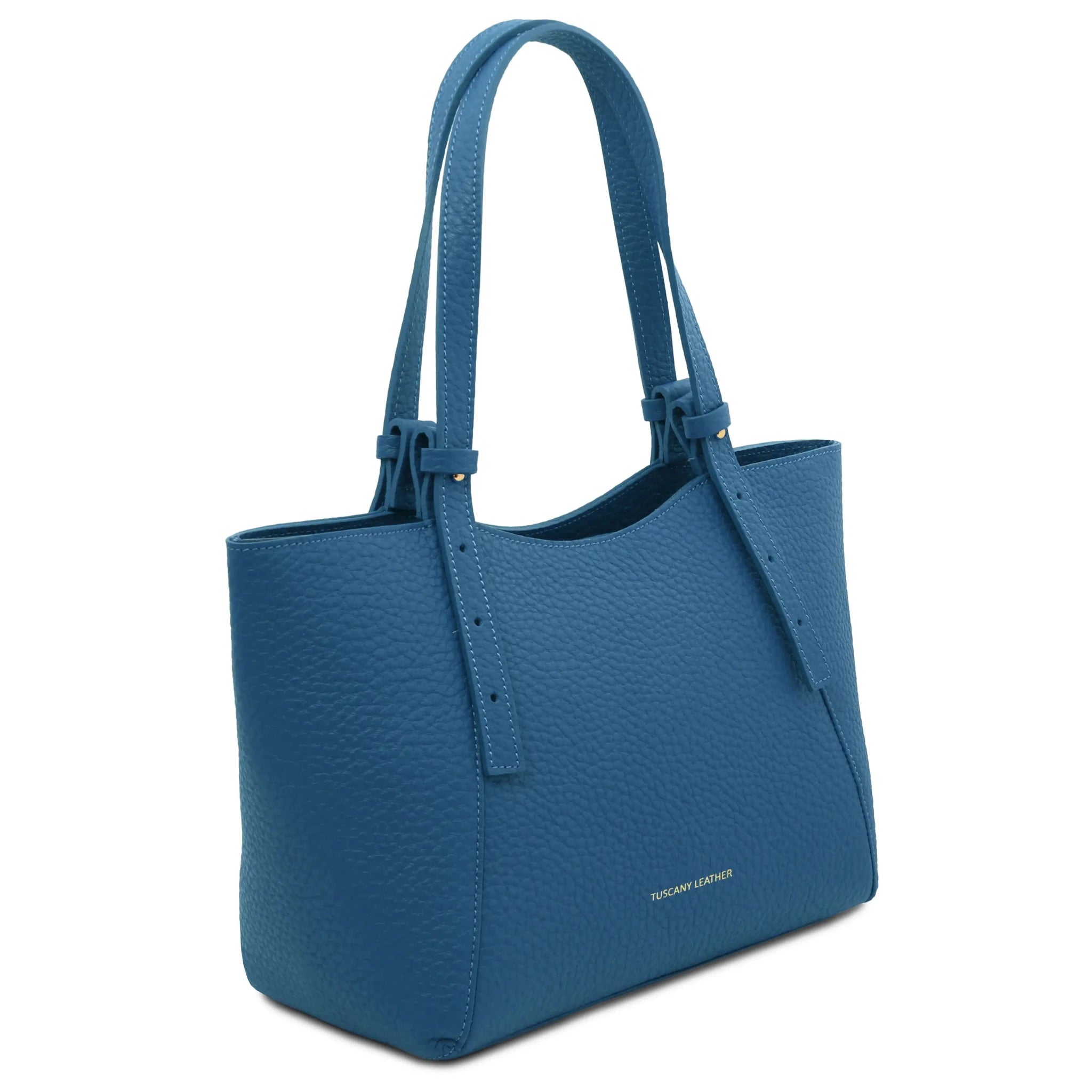 Side view Libra Italian Pebbled Leather Shoulder Bag in denim