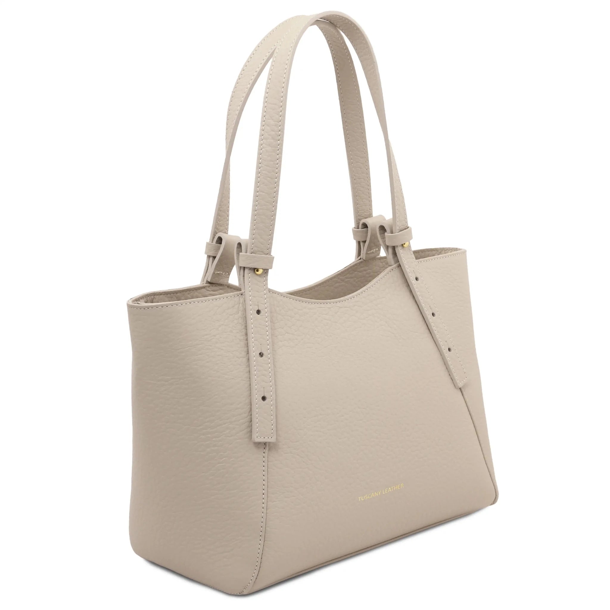 Side view Libra Italian Pebbled Leather Shoulder Bag in beige