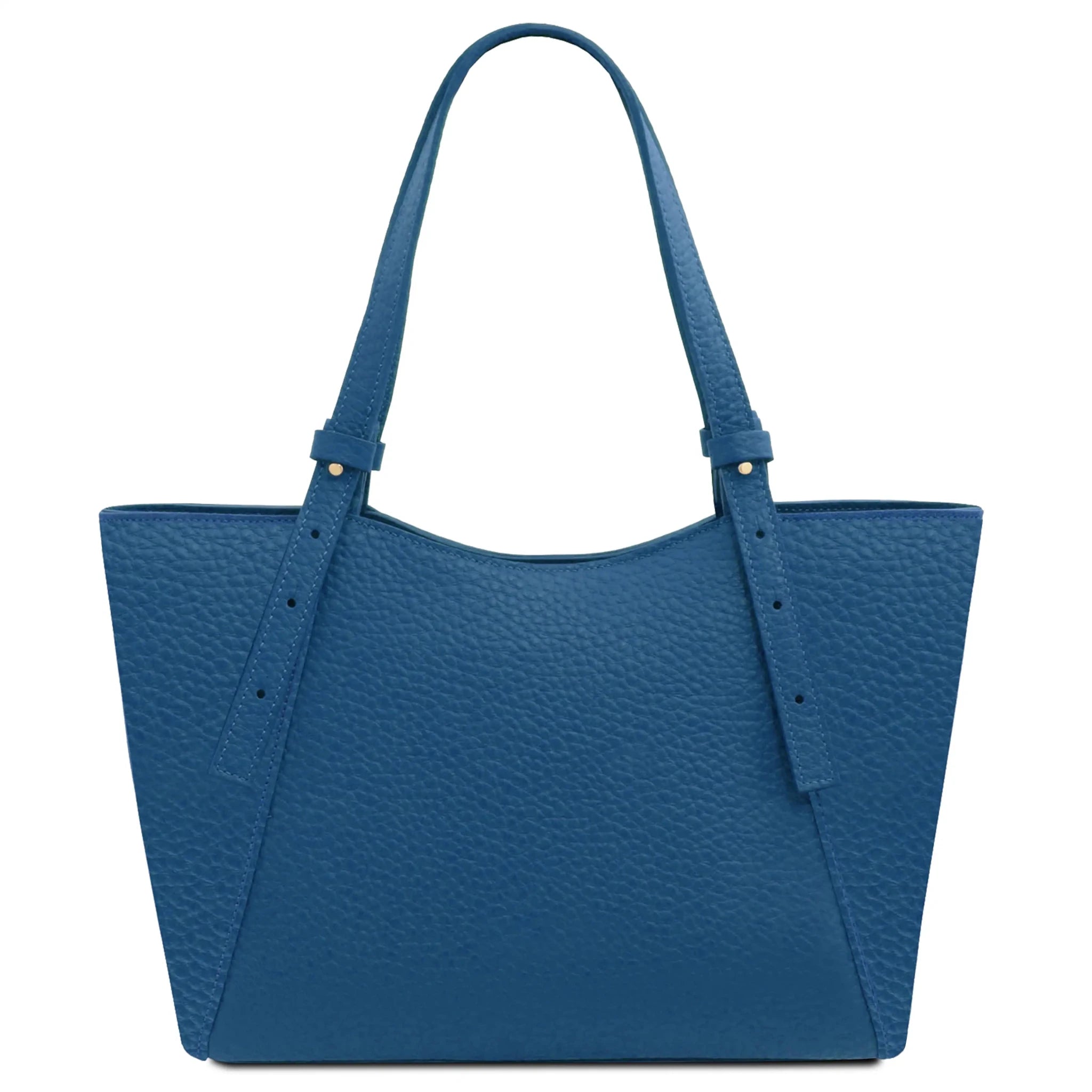 Back view Libra Italian Pebbled Leather Shoulder Bag in denim
