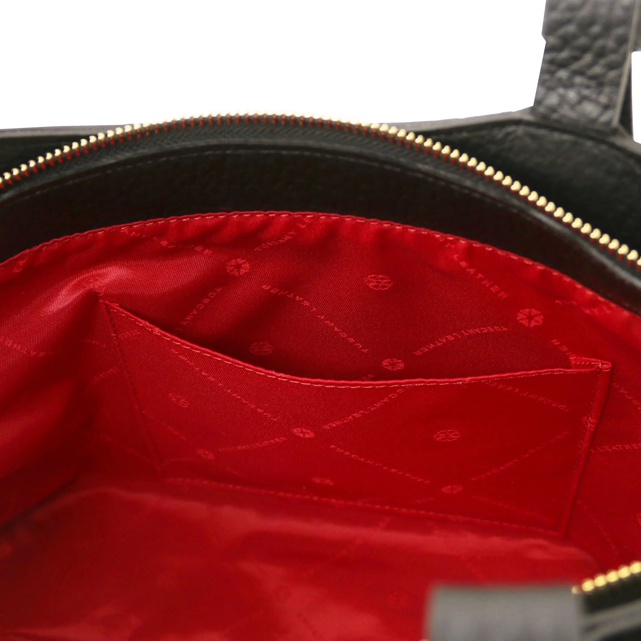 Interior open pocket view Libra Leather Shoulder Bag in black with red lining