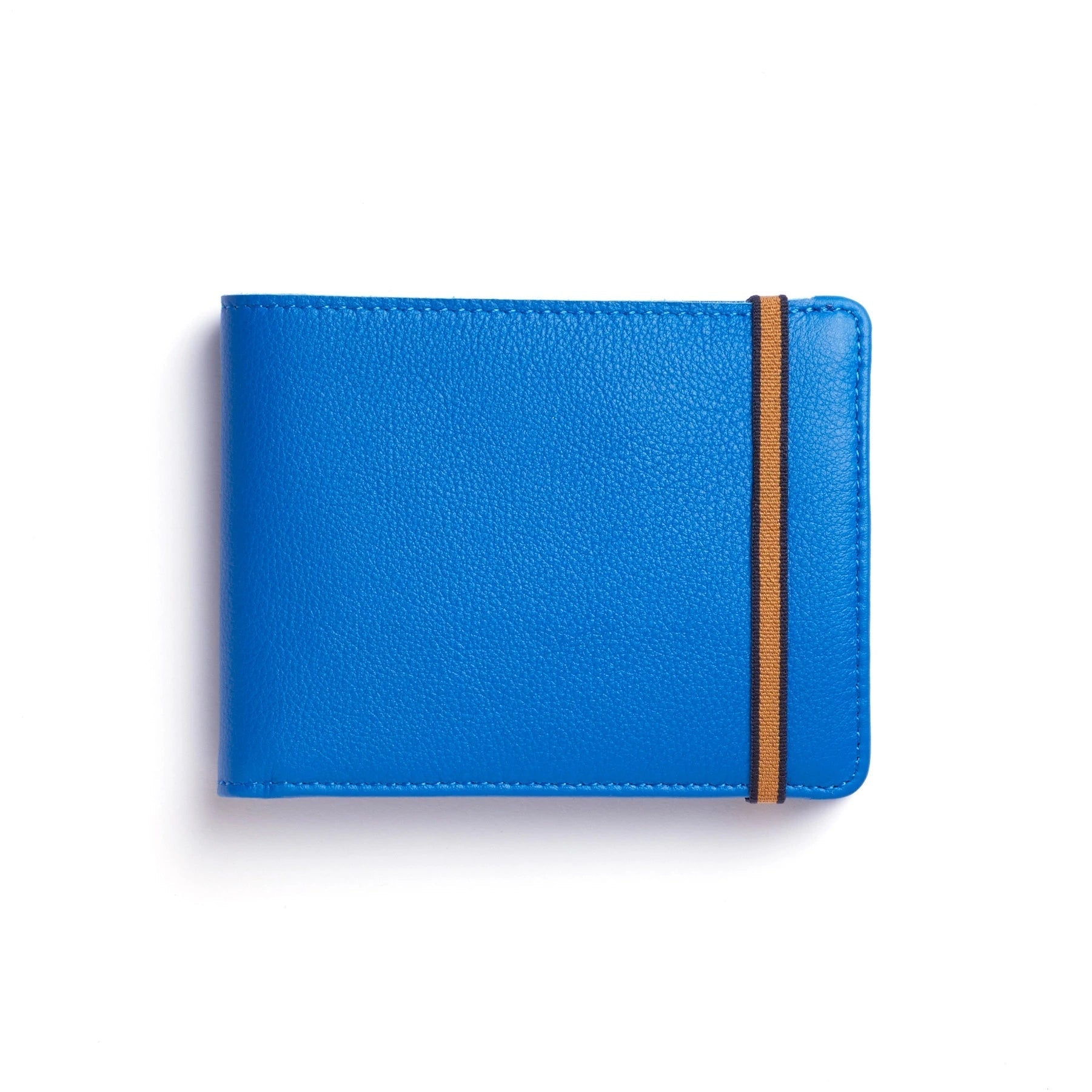 Light Blue Minimalist Wallet with Coin Pocket on a white background showing gold and black elastic strap.