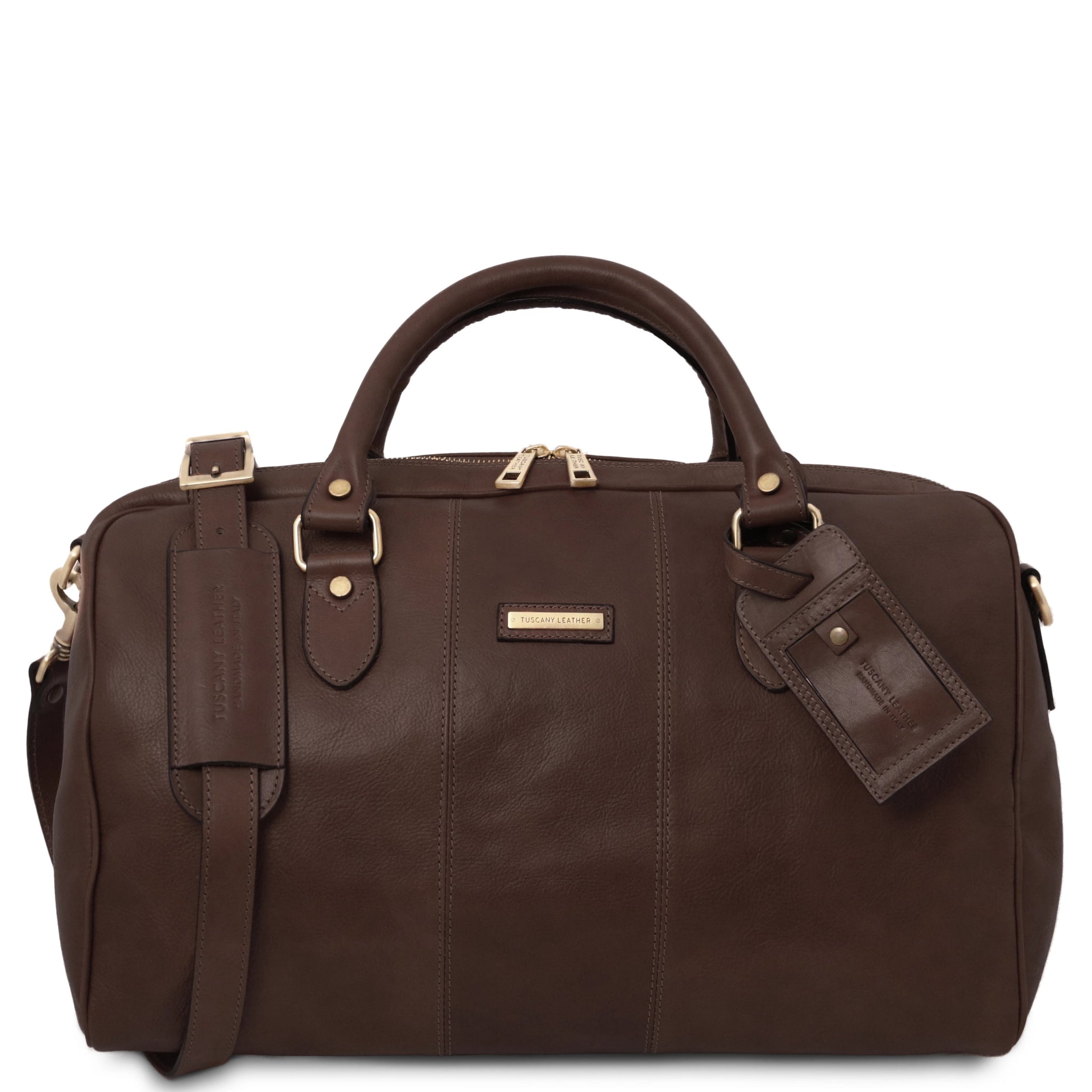 Front View Lisbona Travel Italian Matte Leather Small Duffle Bag in Dark Brown showing handle, shoulder strap and luggage tag