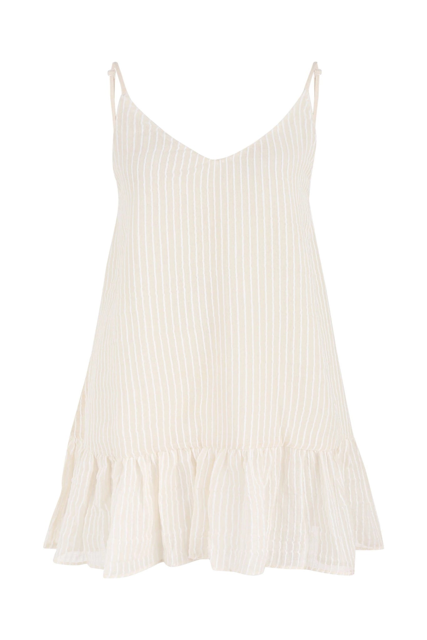 White striped slip dress with bottom ruffle on a white background