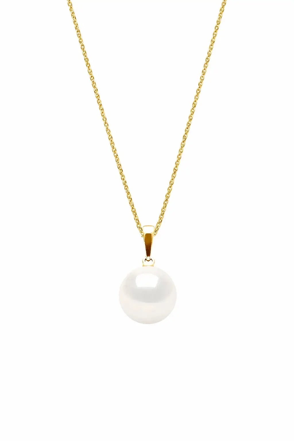 Gold necklace with a white pearl pendant on a white background
