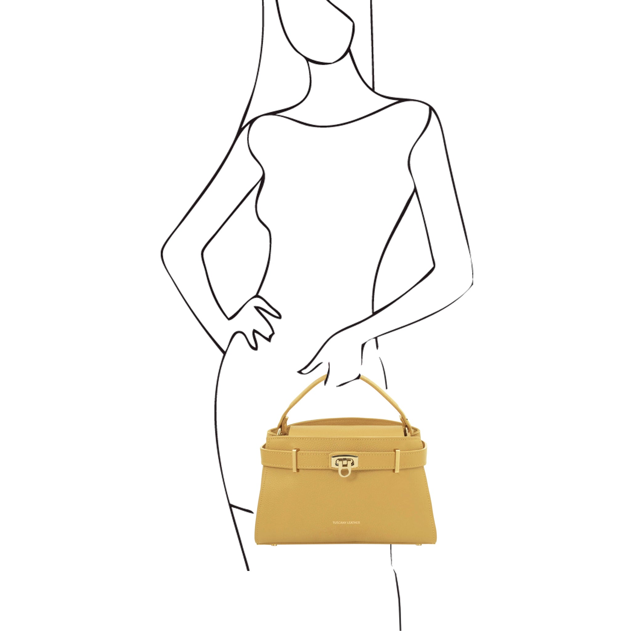 Black and white sketch of a woman holding the Maisy Italian Leather Tote Bag in Pastel Yellow