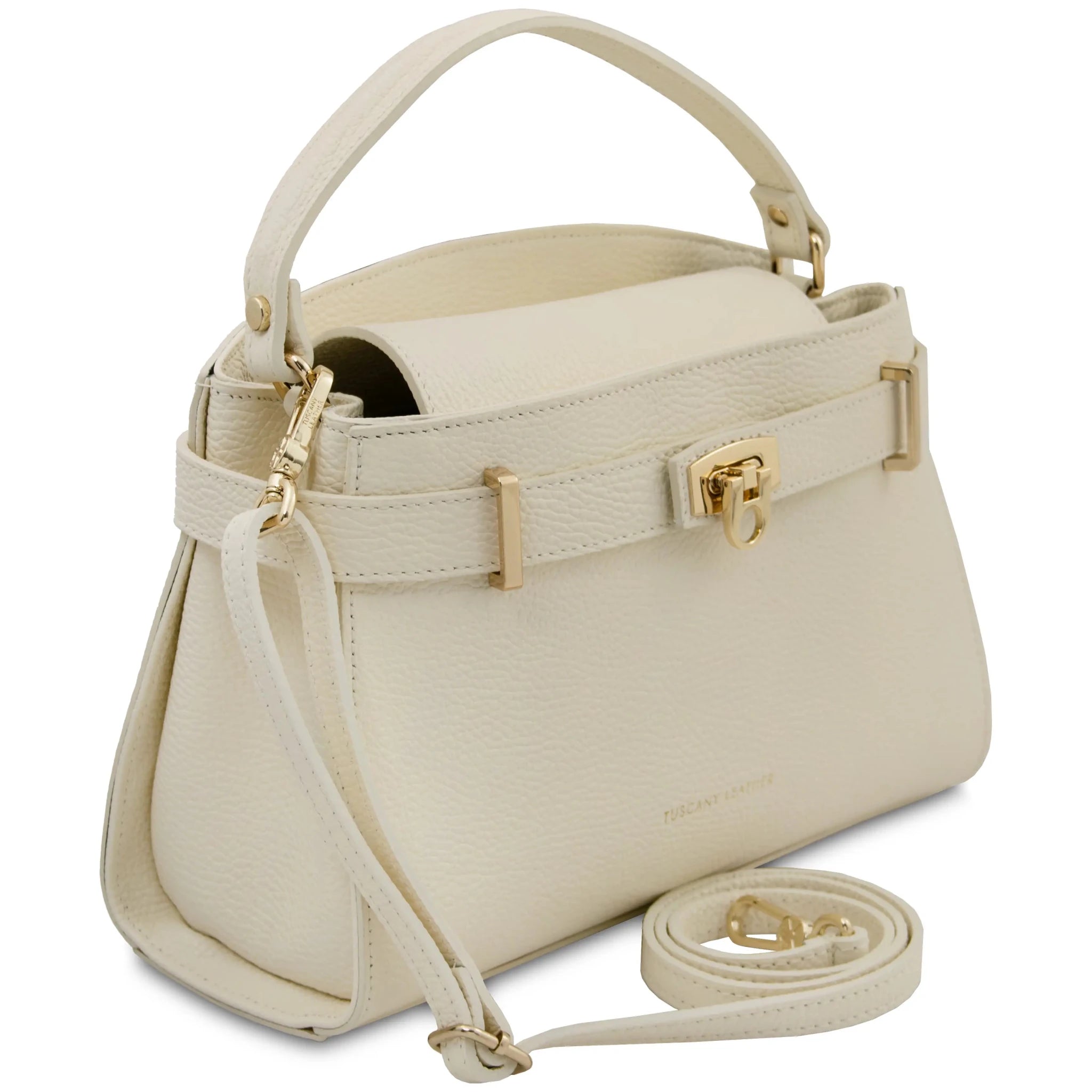 Maisy Italian Leather Tote Bag in Beige front view with detachable crossbody strap