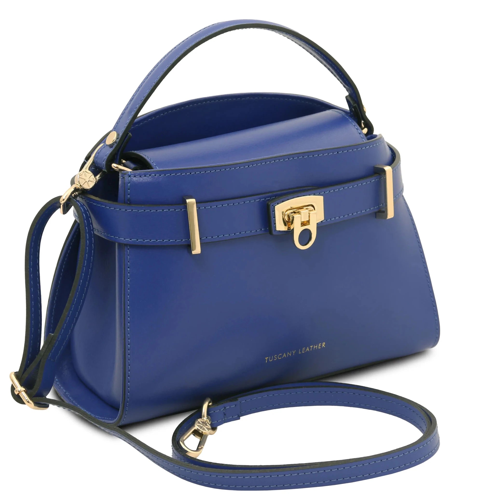 Maisy Italian Leather Tote Bag in Blue front view with detachable crossbody strap