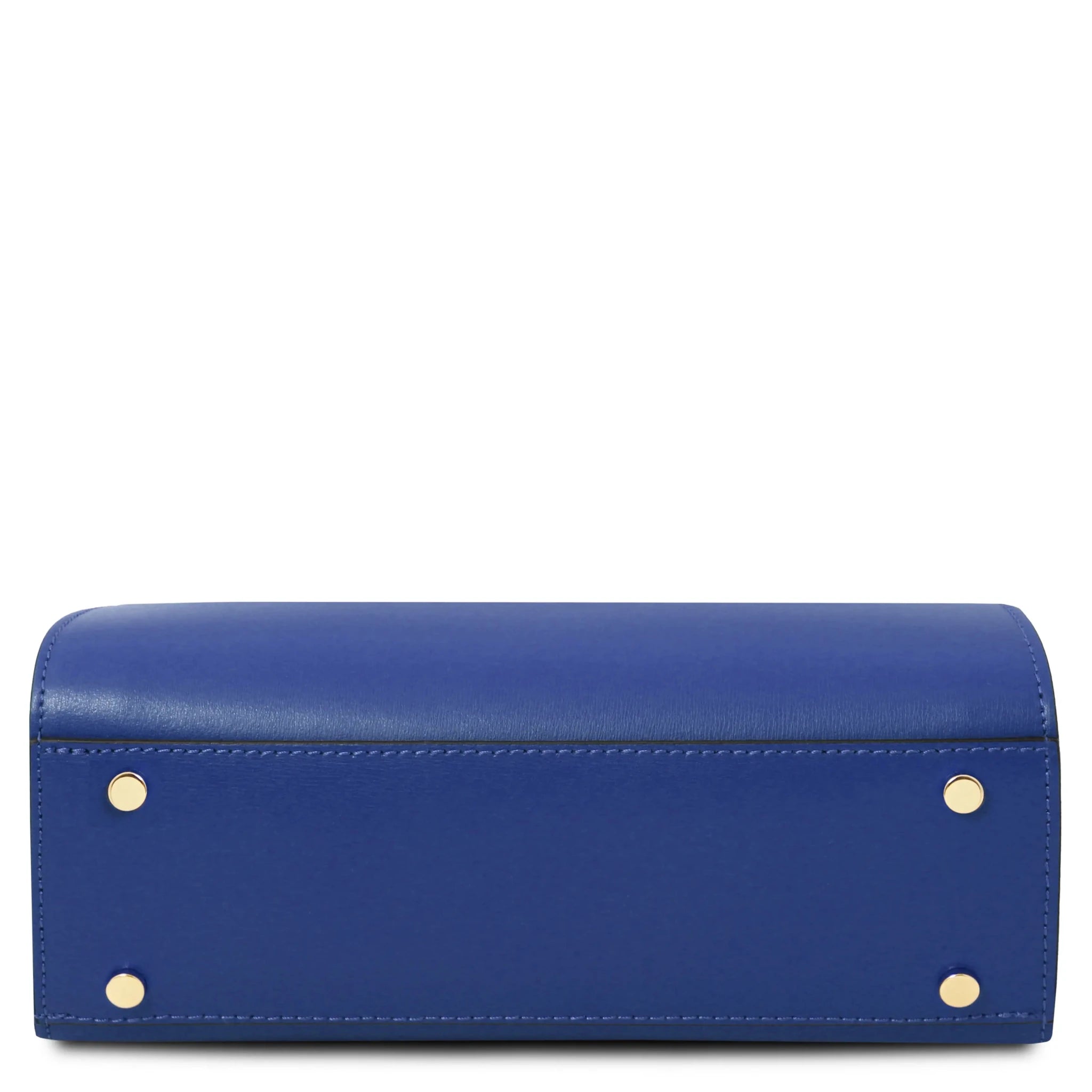 Front view Maisy Bottom view Italian Smooth Leather Tote in Blue showing protective metal feet