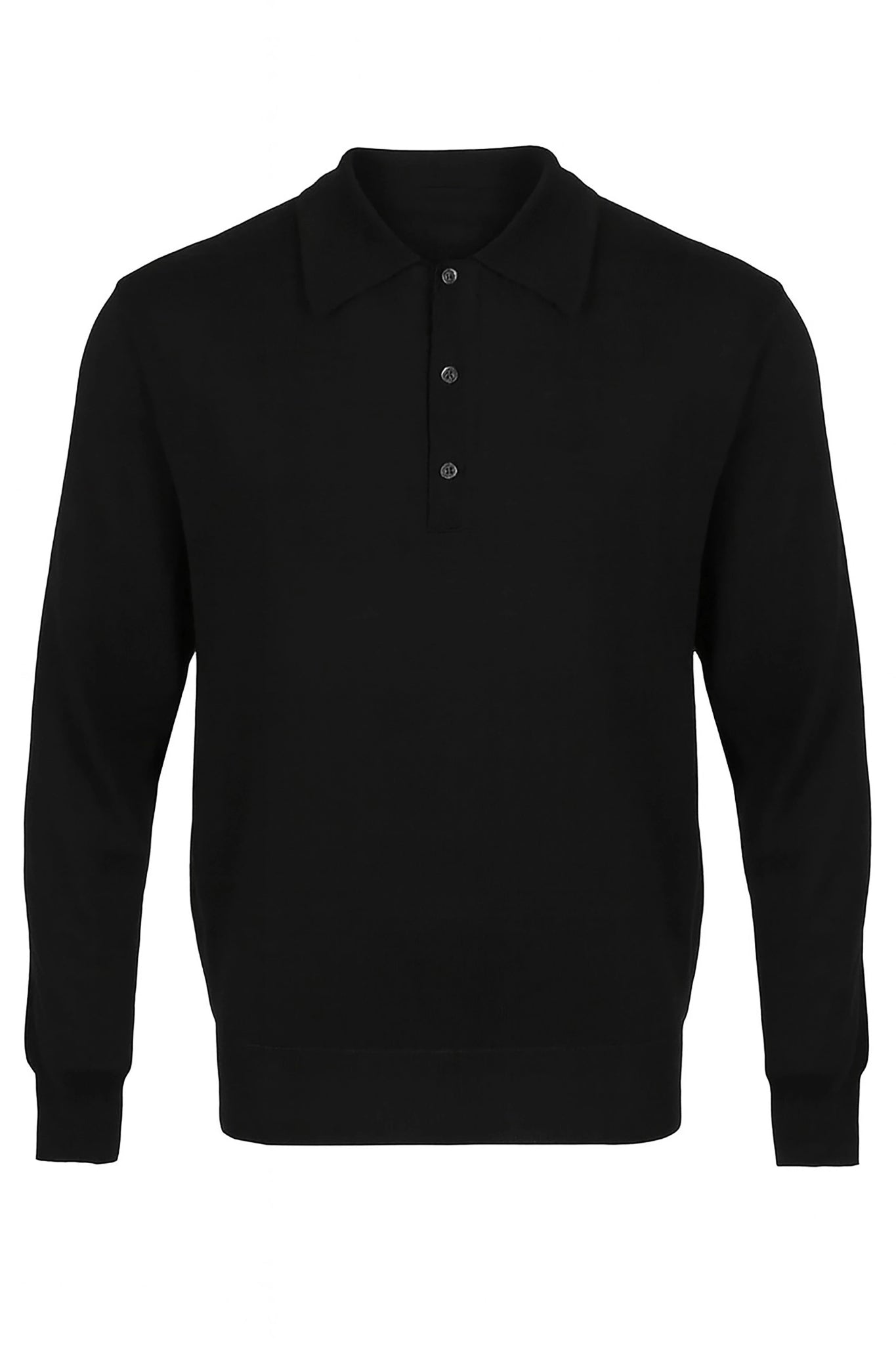 Italian Extra Fine Merino Wool Polo in black with three button placket on a white background 