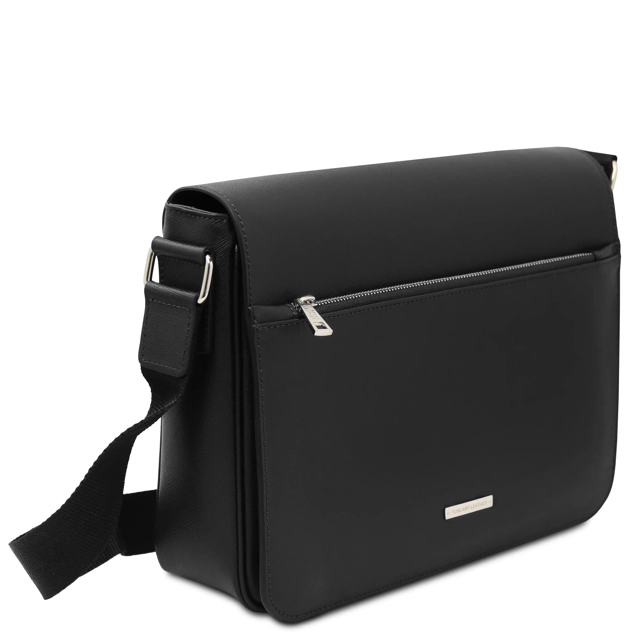 Front angled view Saffiano Leather Messenger Bag in black