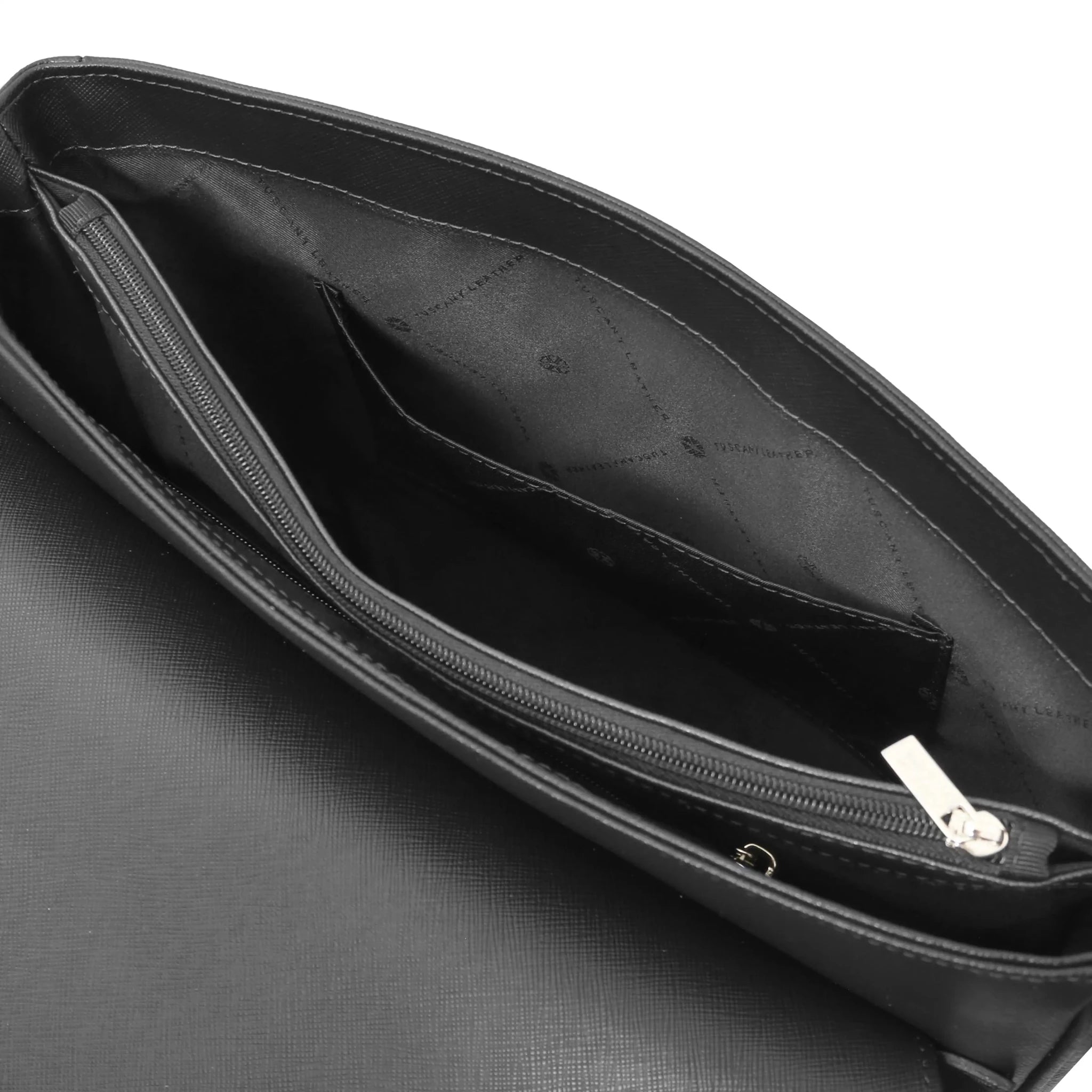 Interior open, central compartment view Saffiano Leather Messenger Bag in black