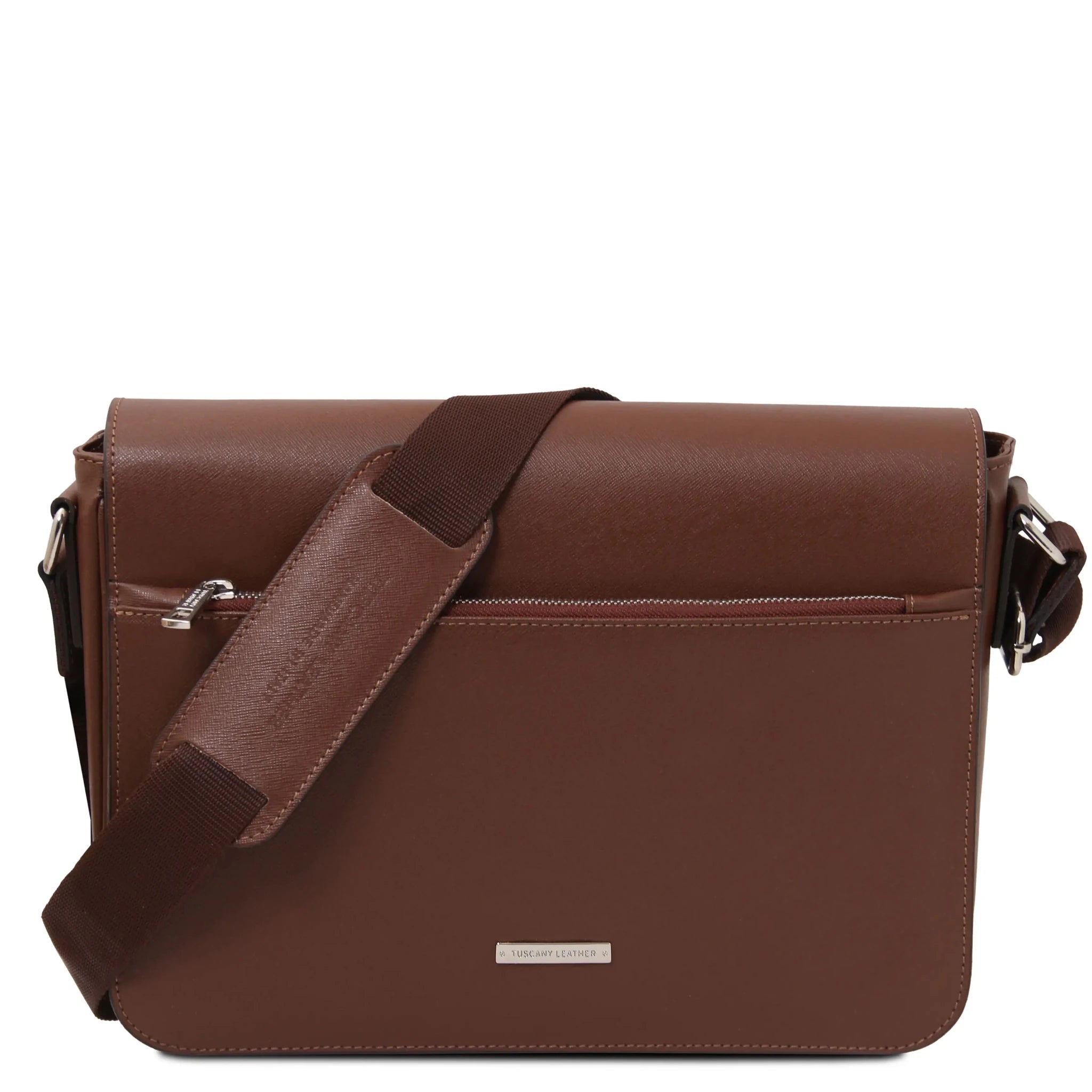 Front view Messenger Saffiano Leather Messenger Bag in coffee