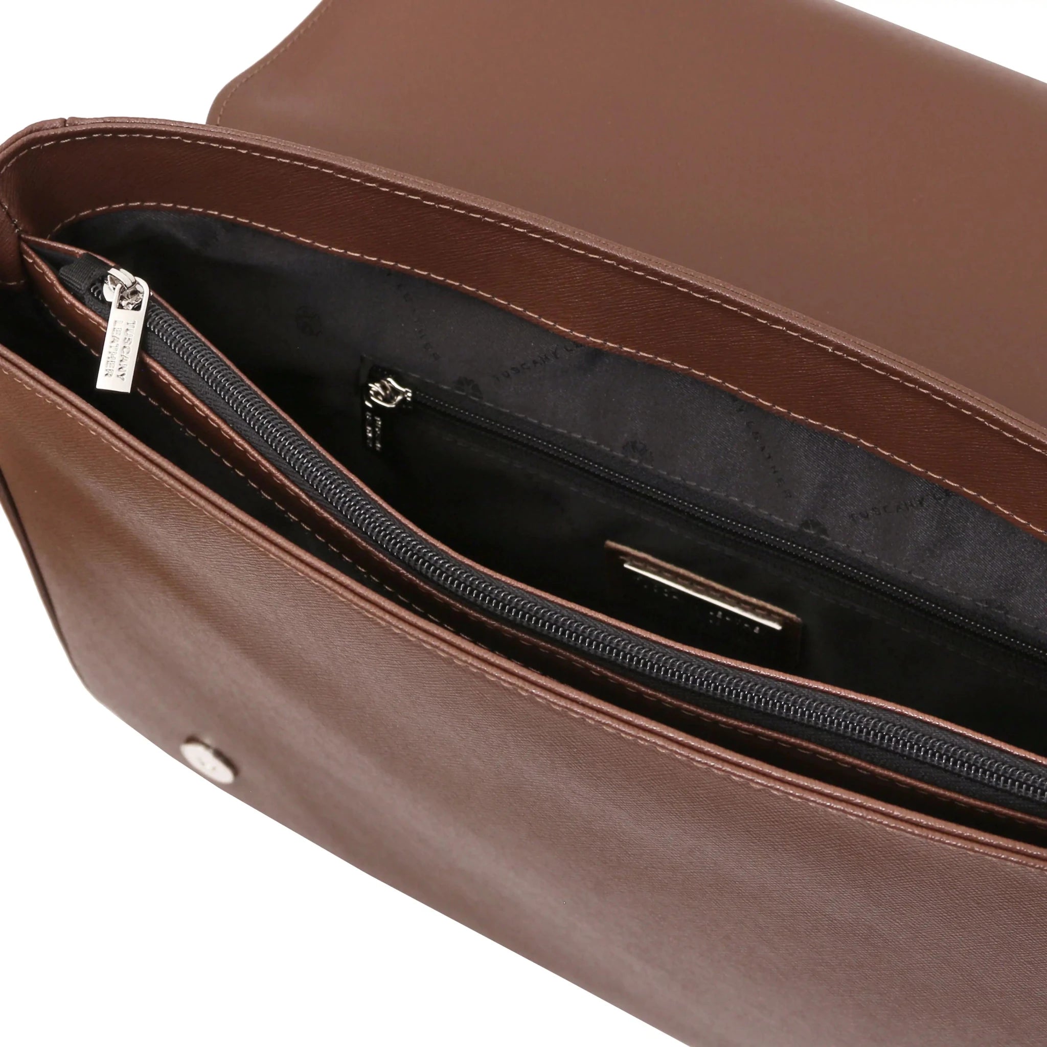 Interior Zip and central compartment view Saffiano Leather Messenger Bag in coffee