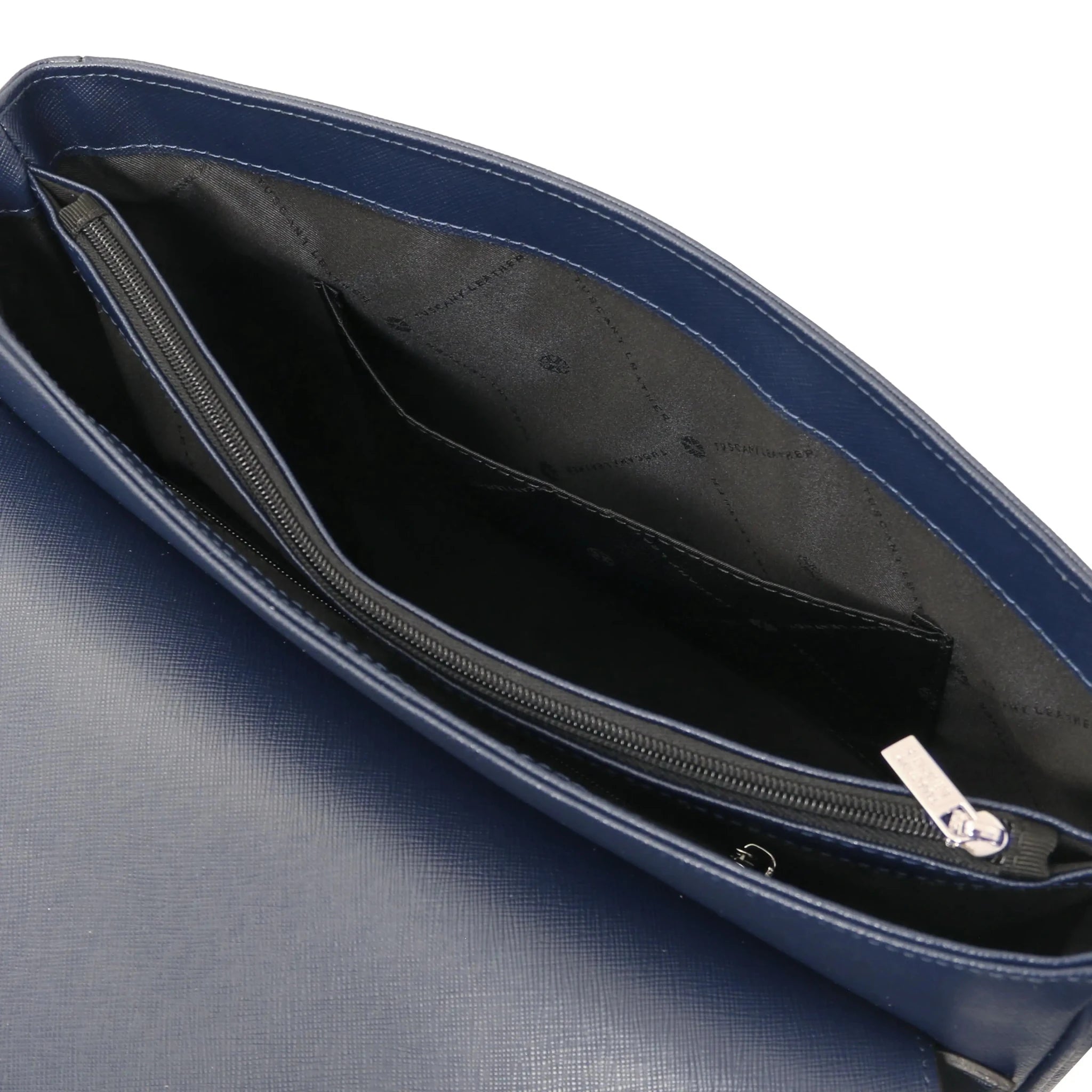 Interior open, central compartment view Saffiano Leather Messenger Bag in dark blue