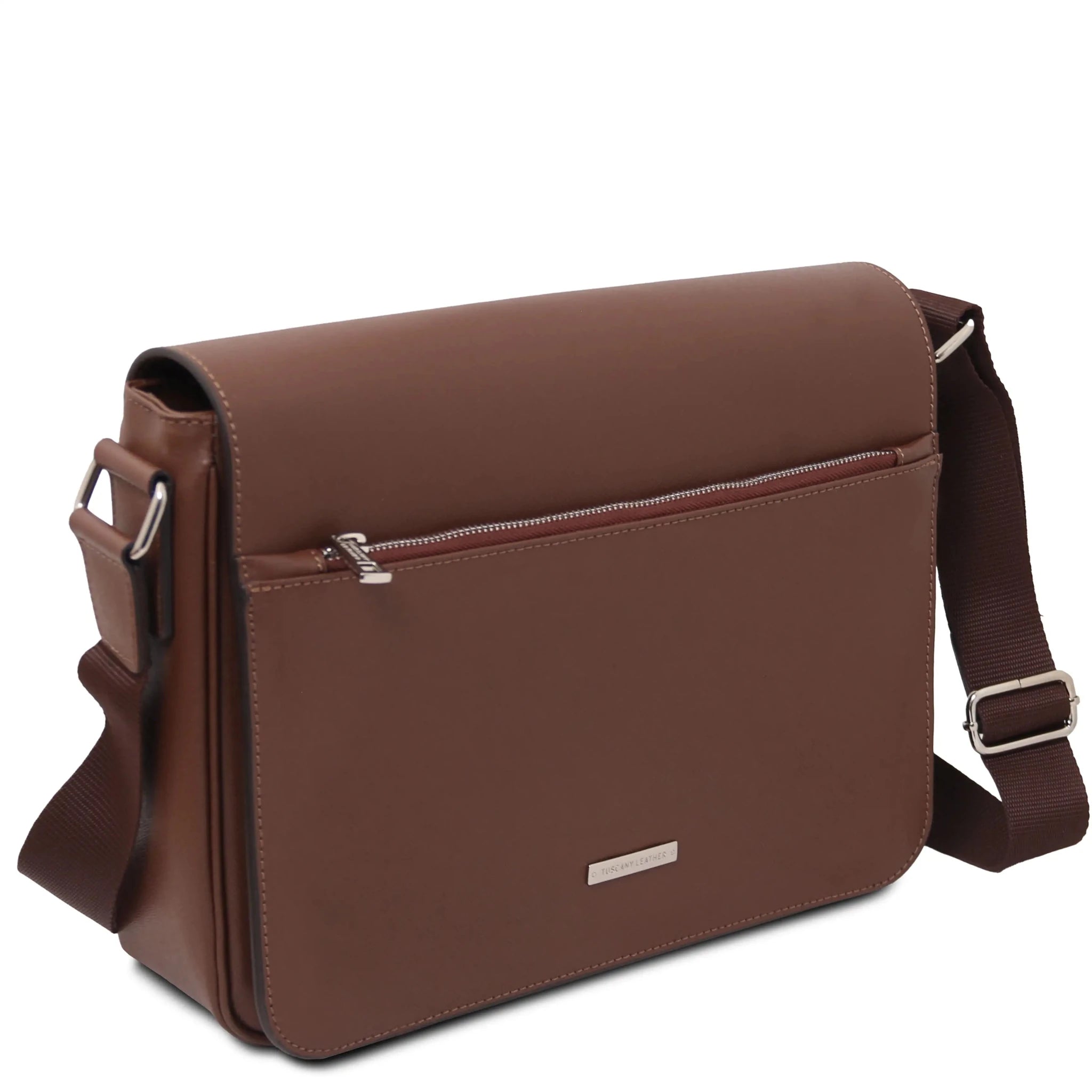 Front angled view Saffiano Leather Messenger Bag in coffee