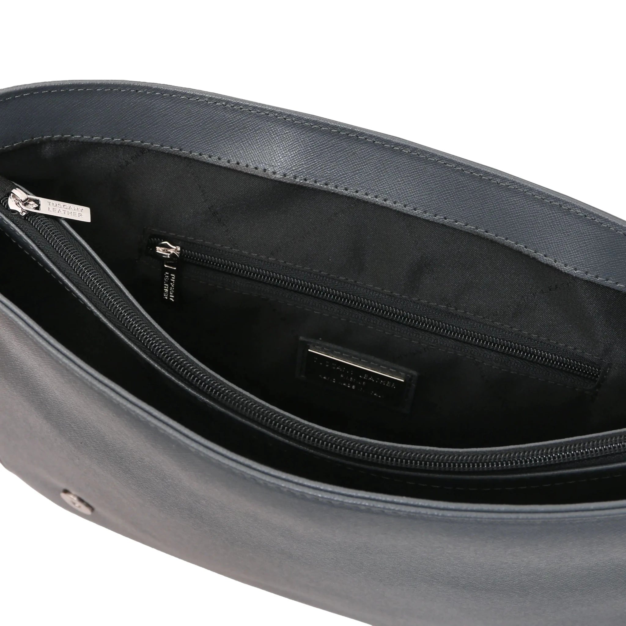 Interior Zip, central compartment view Saffiano Leather Messenger Bag in gray