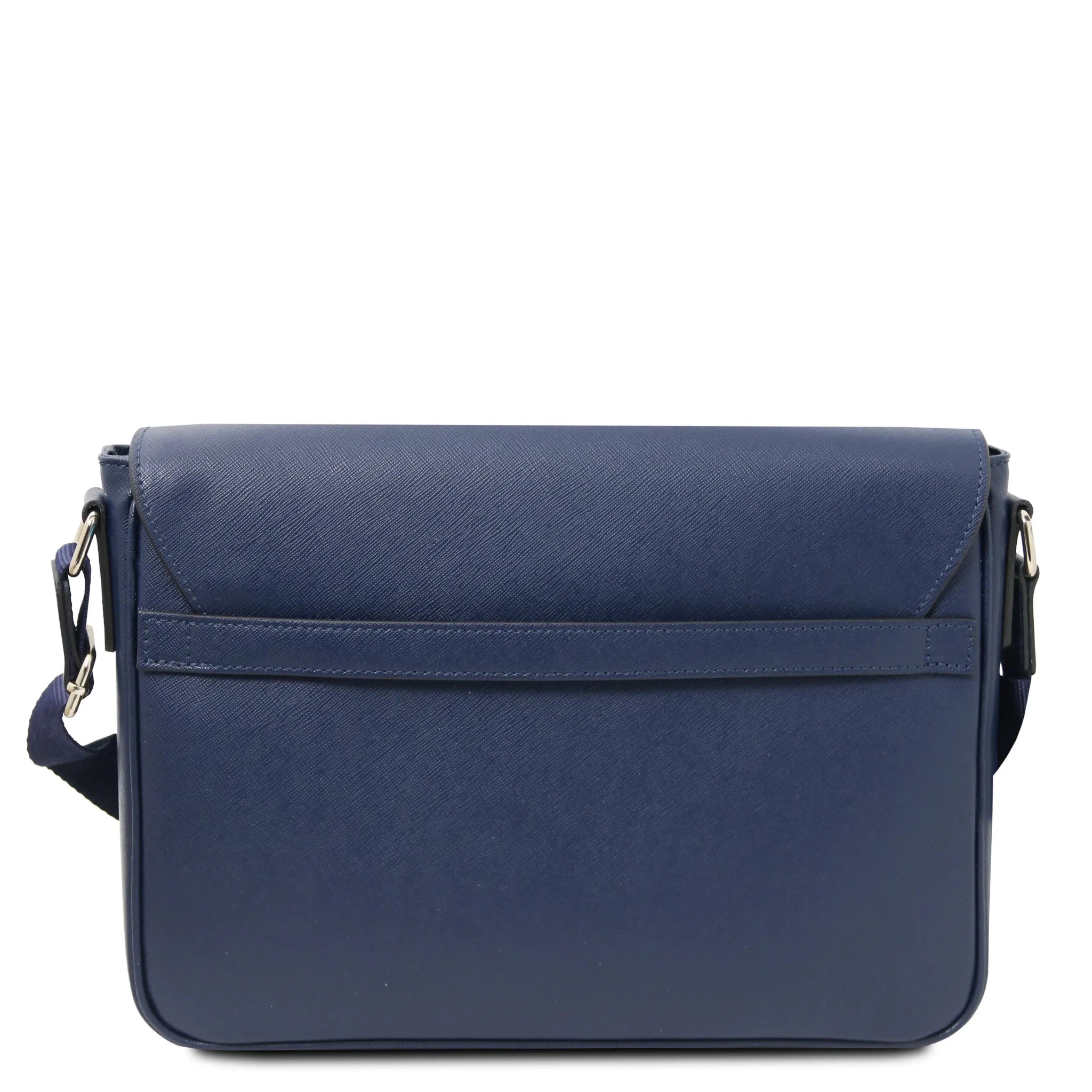 Back view Saffiano Leather Messenger Bag in dark blue