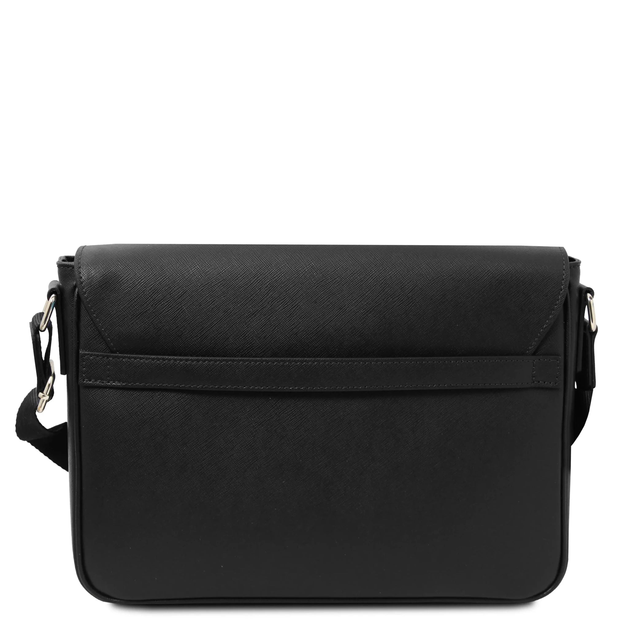 Back view Messenger Saffiano Leather Messenger Bag in black