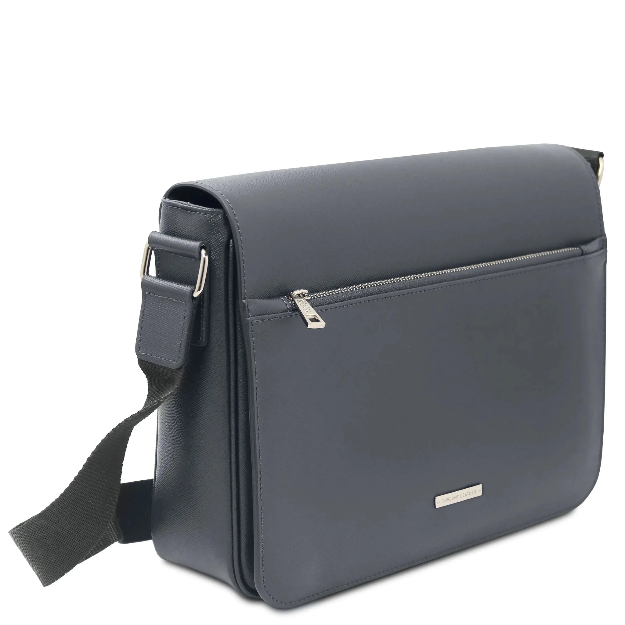 Front angled view Messenger Saffiano Leather Messenger Bag in gray