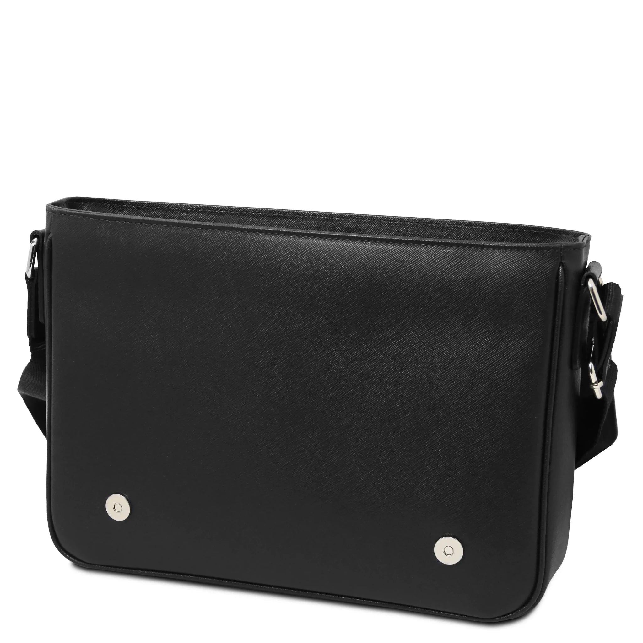 Interior front flap opened view Saffiano Leather Messenger Bag in black
