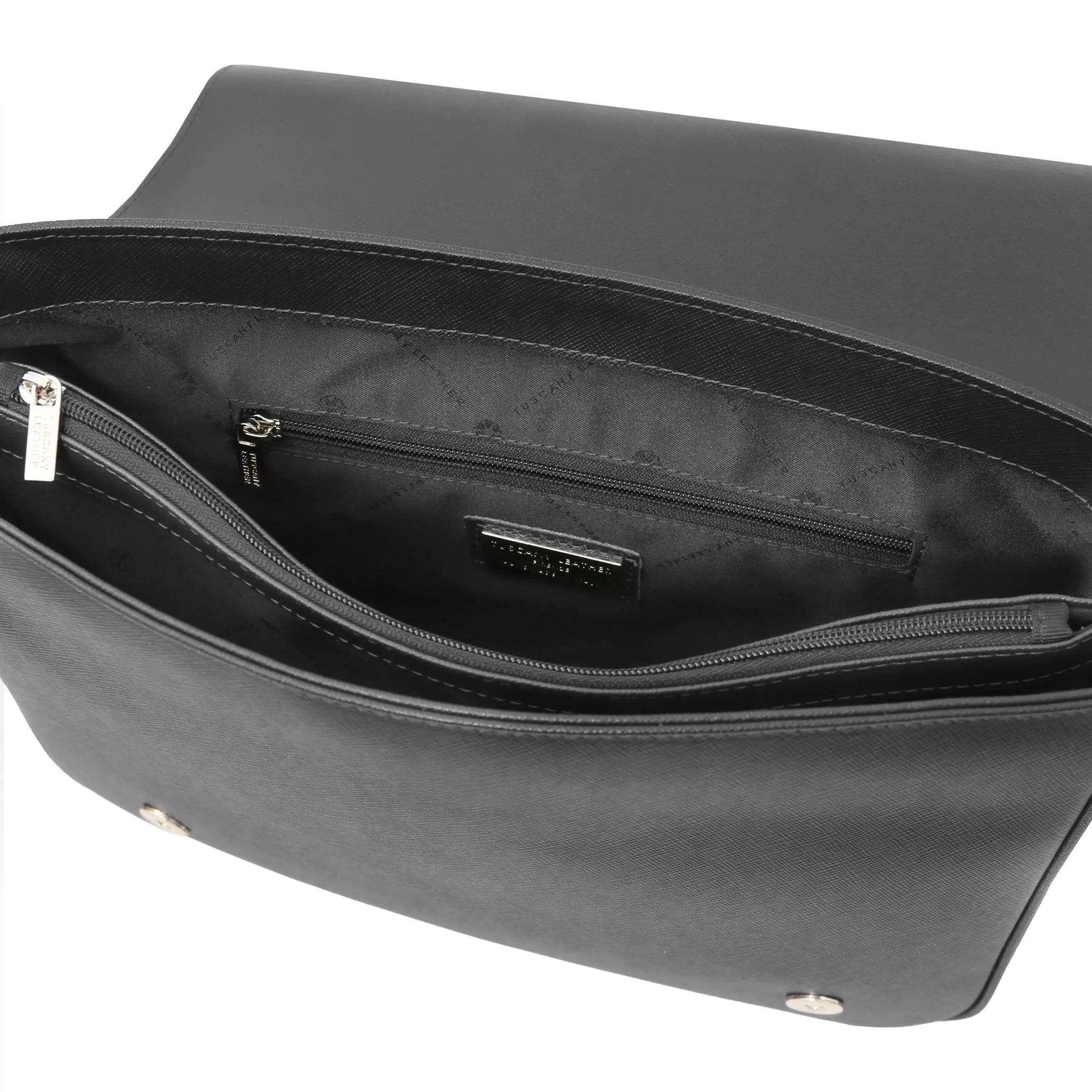 Interior Zip and central compartment view Saffiano Leather Messenger Bag in black