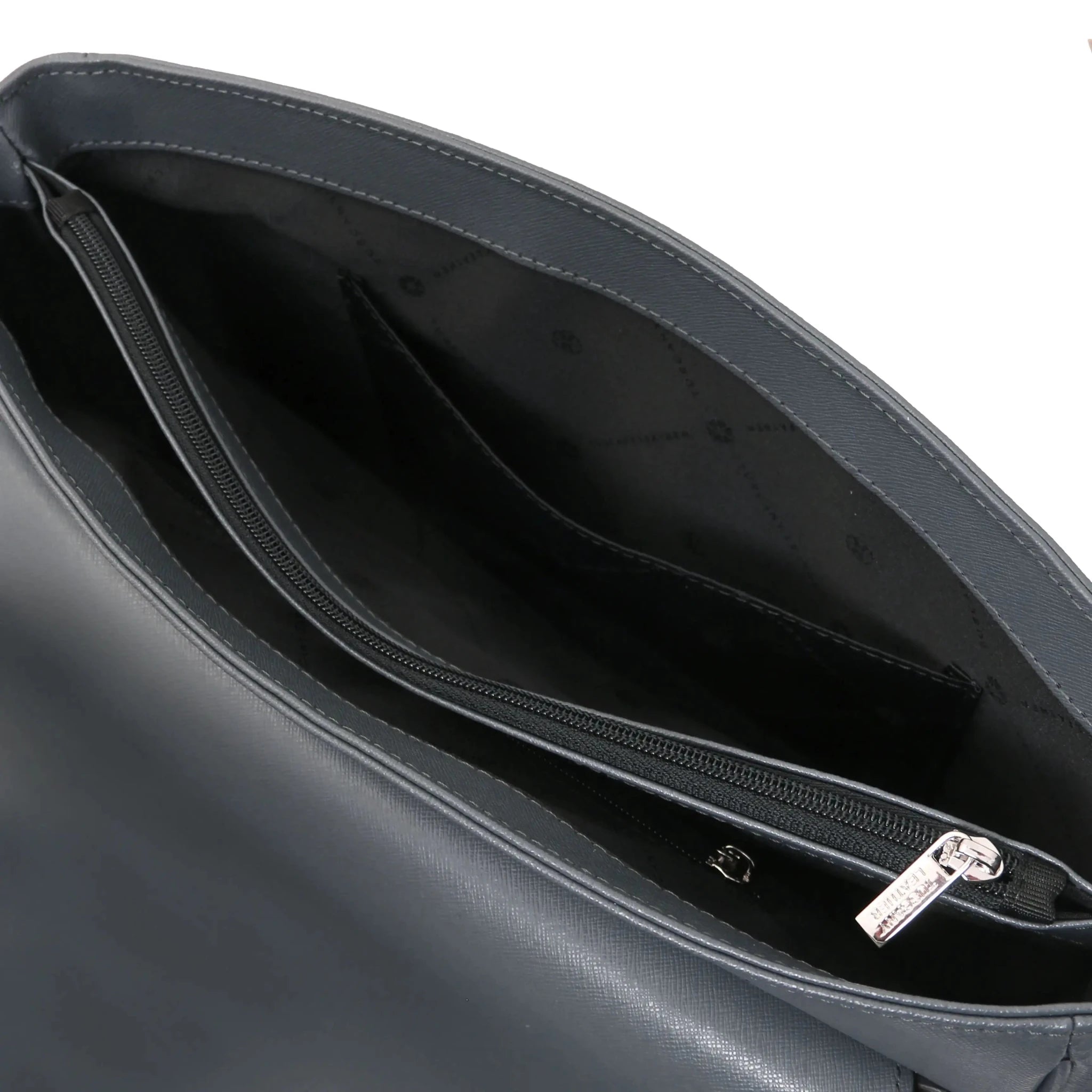 Interior open,  central compartment view Saffiano Leather Messenger Bag in gray