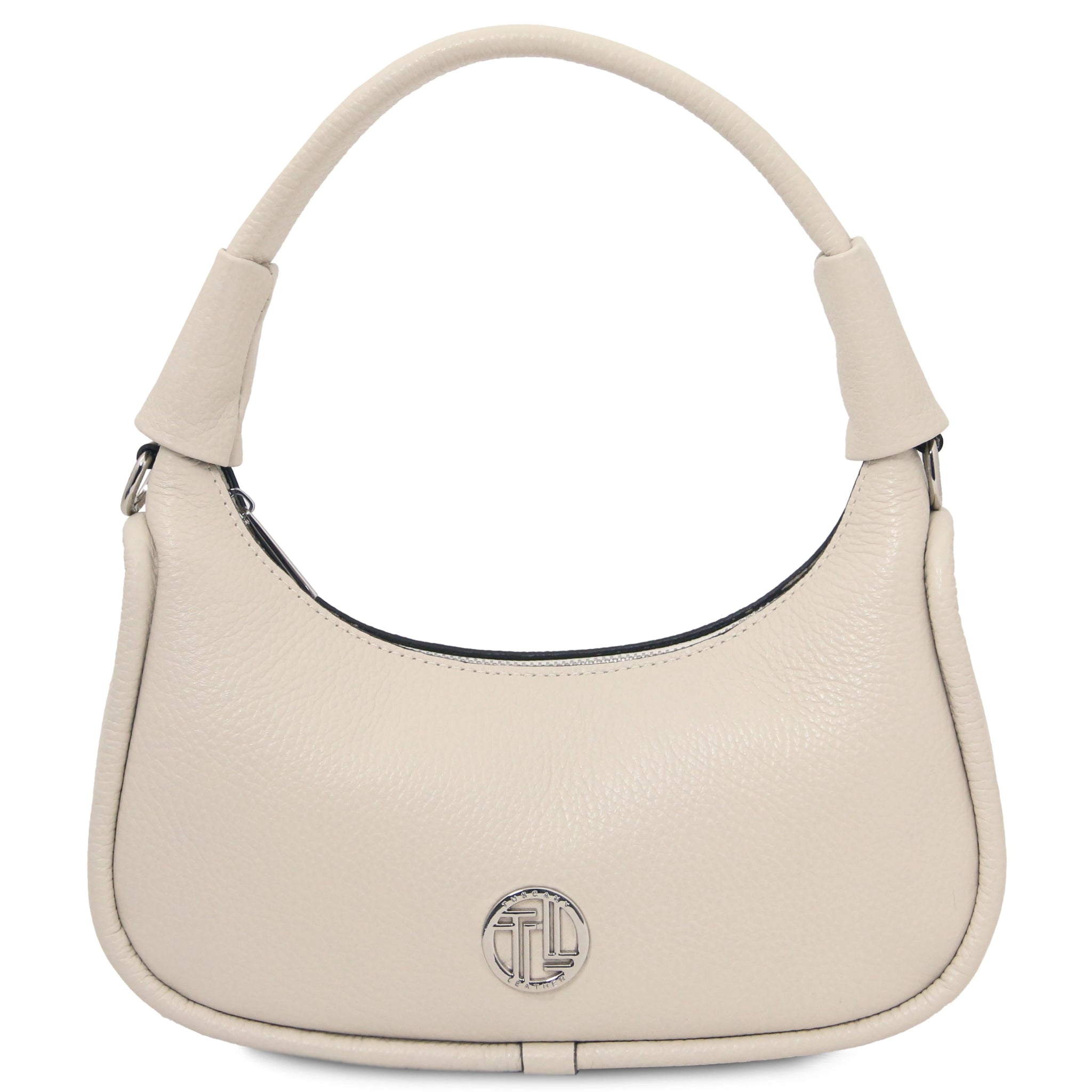 Beige handbag with a visible brand logo on a white background