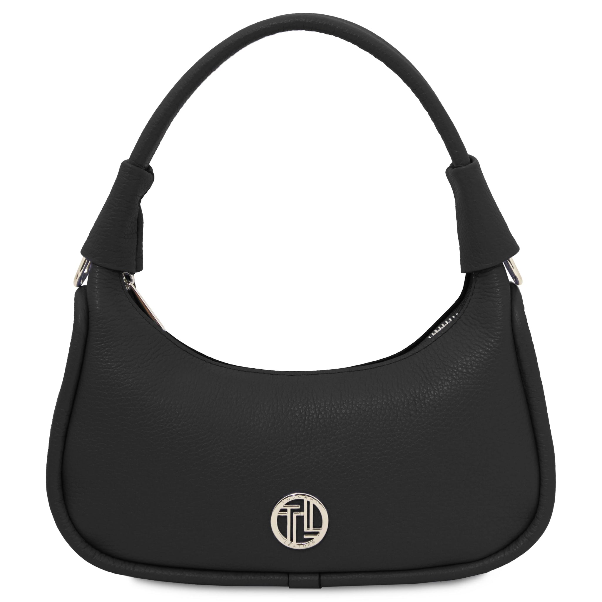 Black handbag with a brand logo on a white background