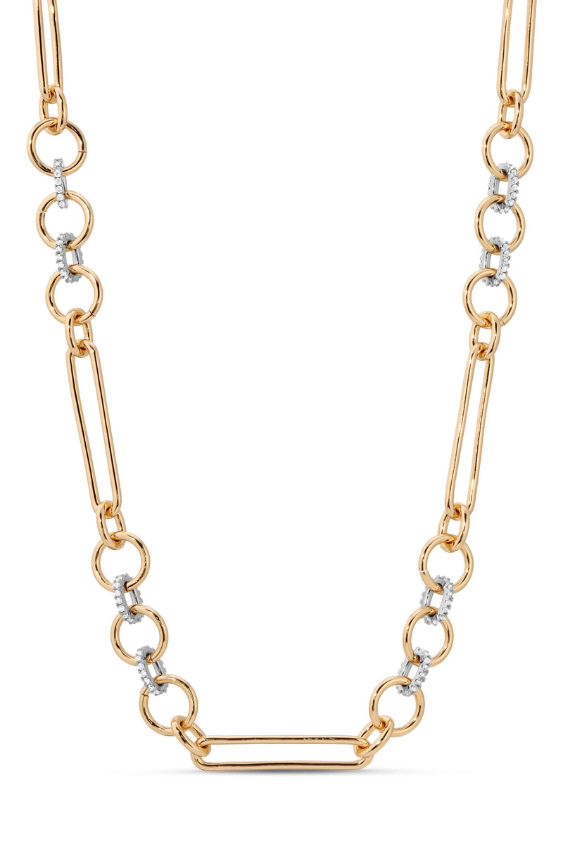 Mixed Link Gold Chain White Cubic Zirconia Necklace in gold on a white background