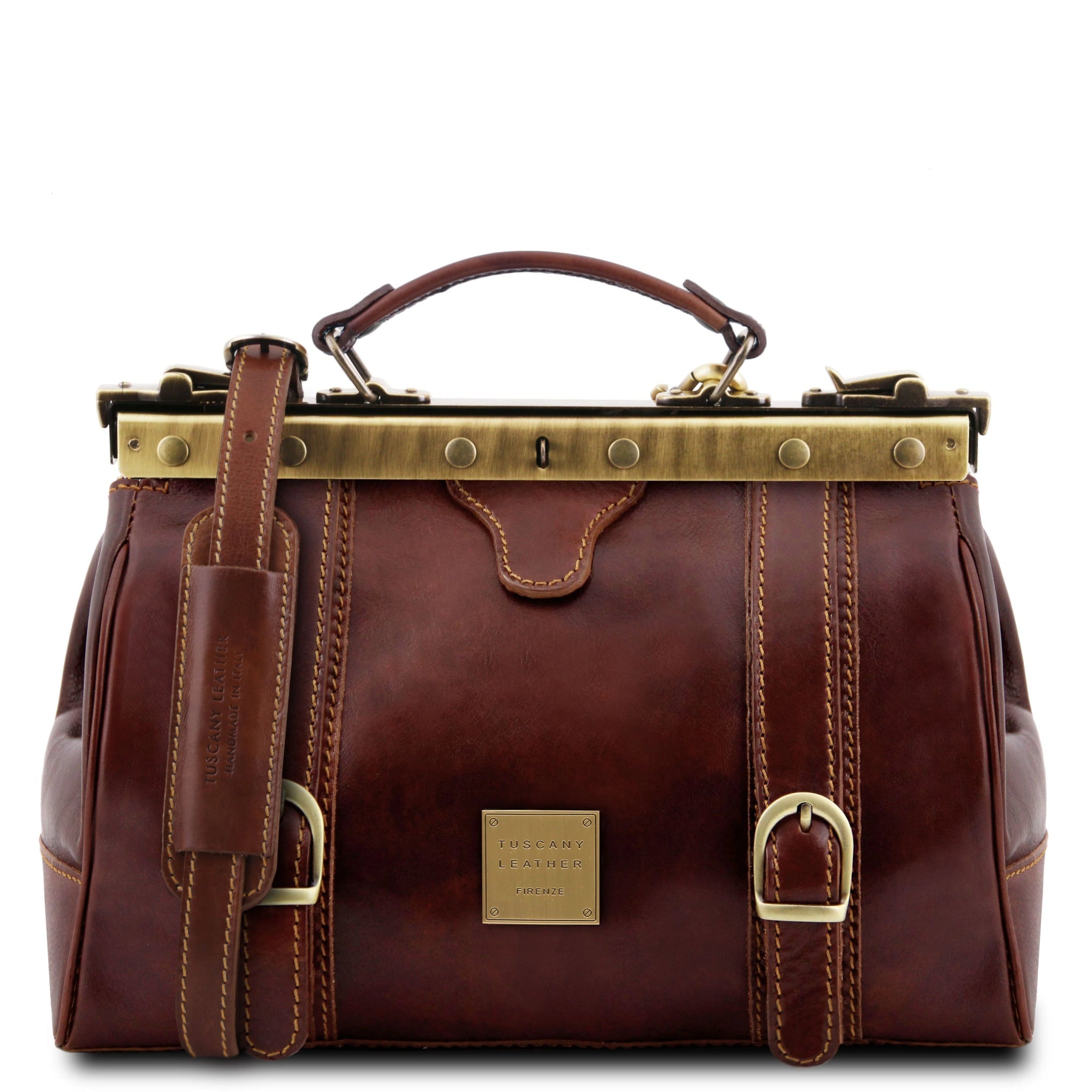 Front view of the Monalisa Doctor Gladstone Italian Leather Bag in brown on a white background - L'Atelier Global