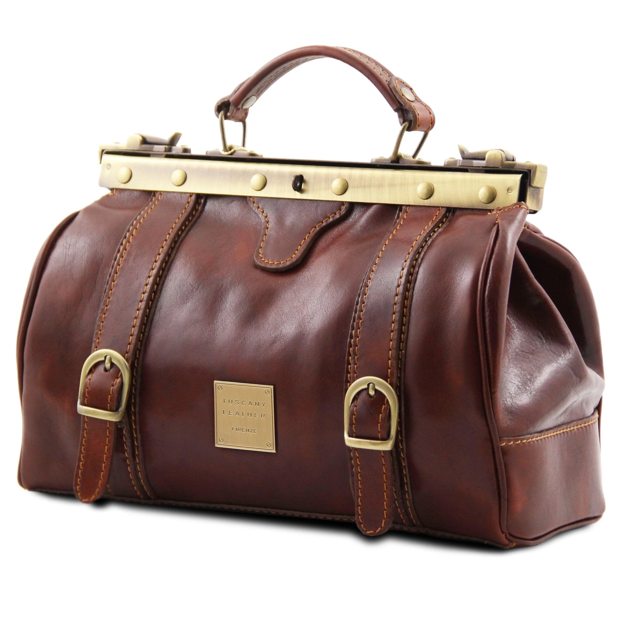 Front side view of the Monalisa Doctor Gladstone Italian Leather Bag in brown on a white background - L'Atelier Global