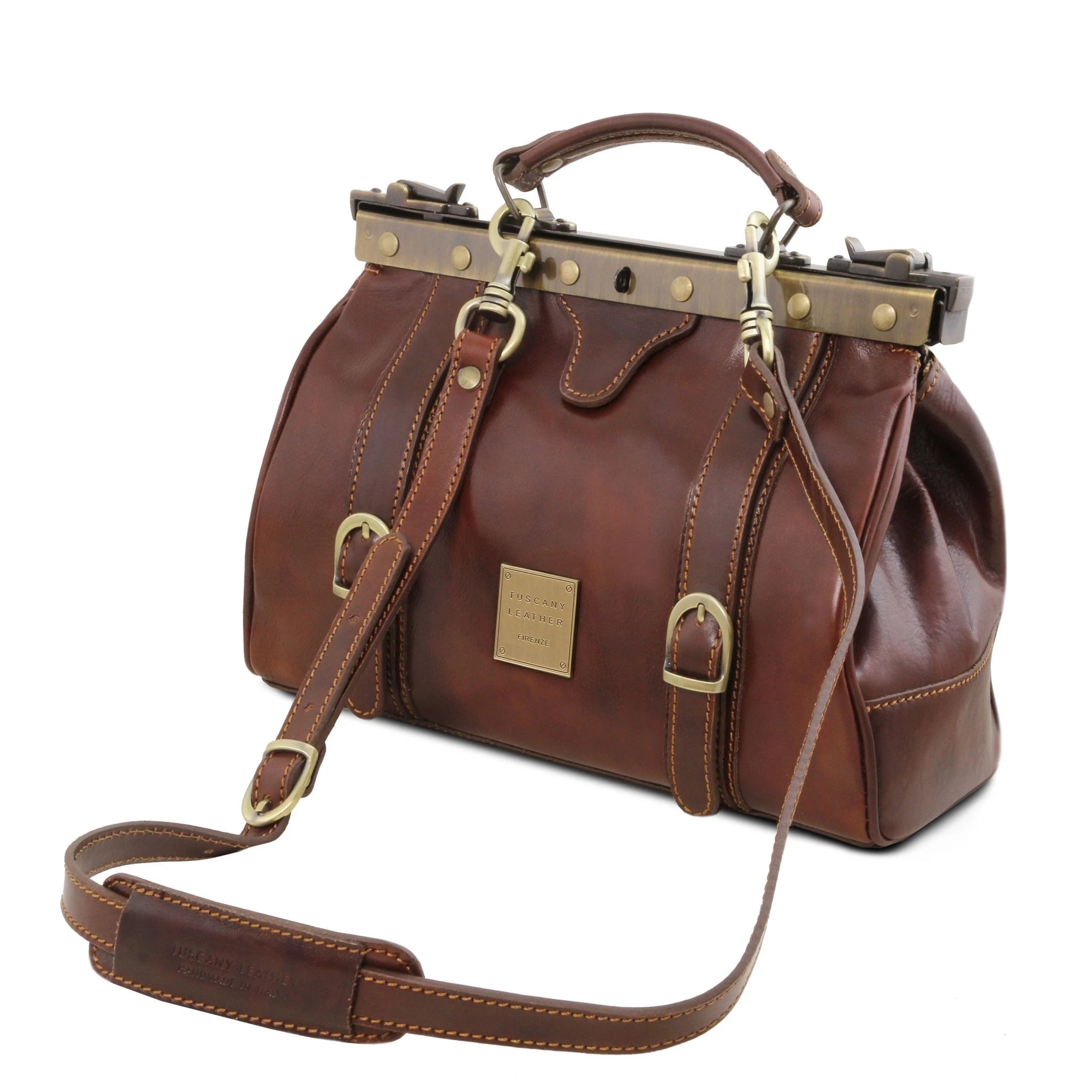 Monalisa Doctor Gladstone Italian Leather Bag in brown showing removable shoulder strap white background - L'Atelier Global