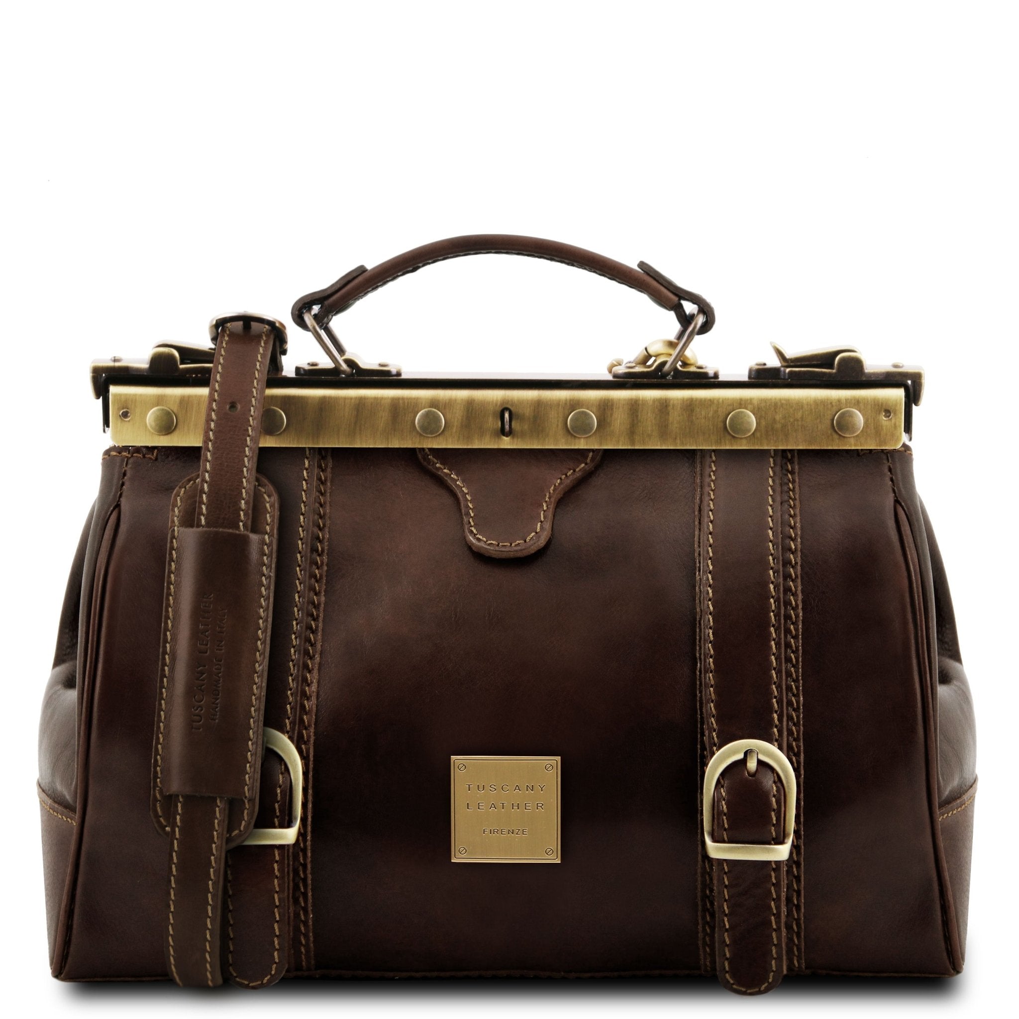 Front view of the Monalisa Doctor Gladstone Italian Leather Bag in Dark Brown on a white background - L'Atelier Global