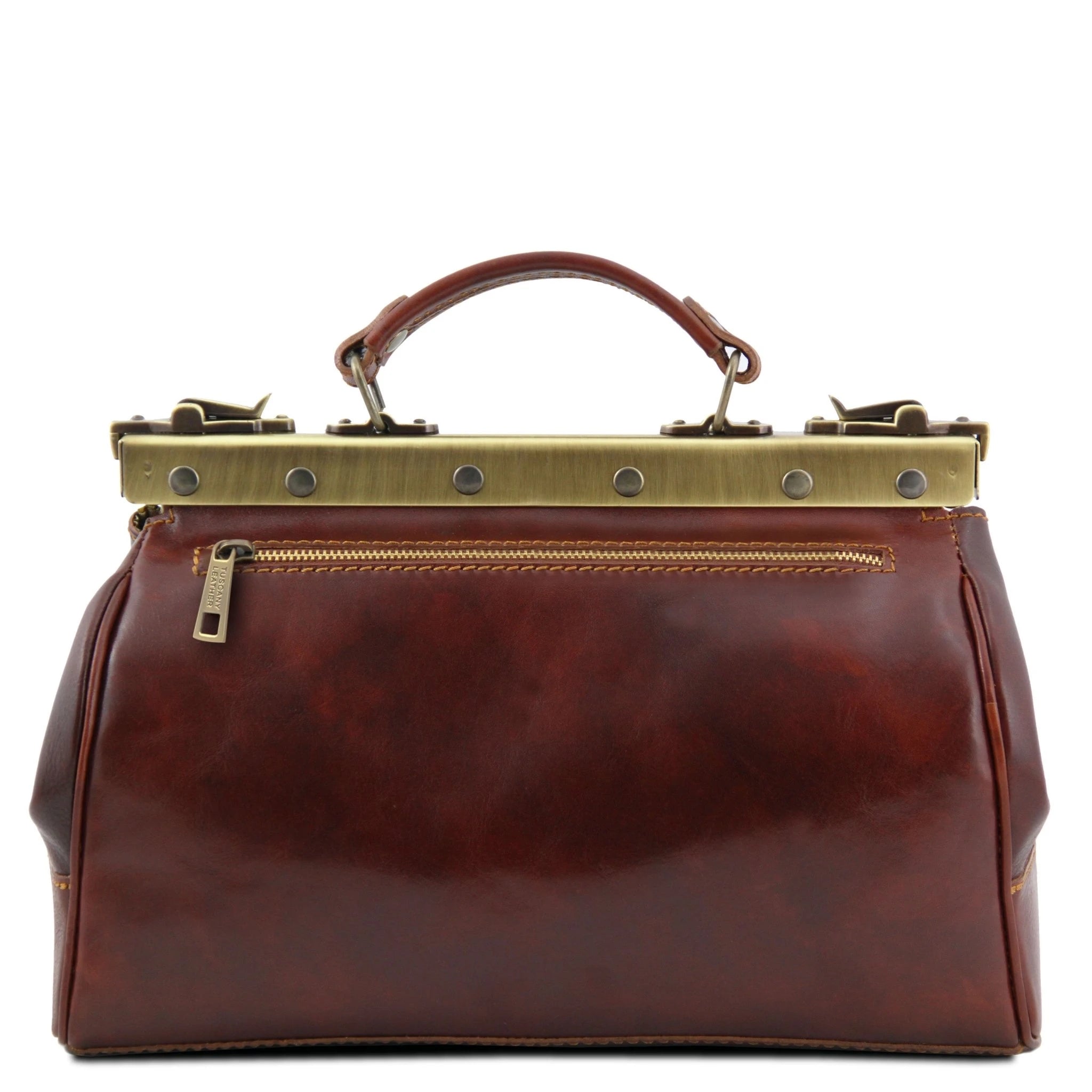 Back view of the the Monalisa Doctor Gladstone Italian Leather Bag in brown on a white background - L'Atelier Global