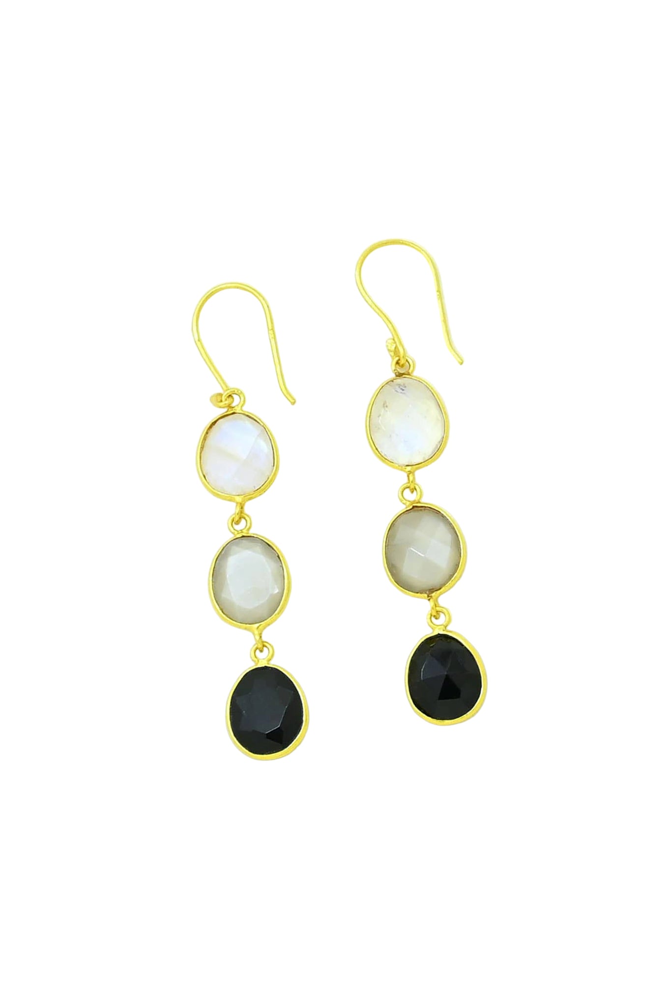 Handcrafted gold hook earrings with moonstone and black onyx gemstones, 925 silver base.