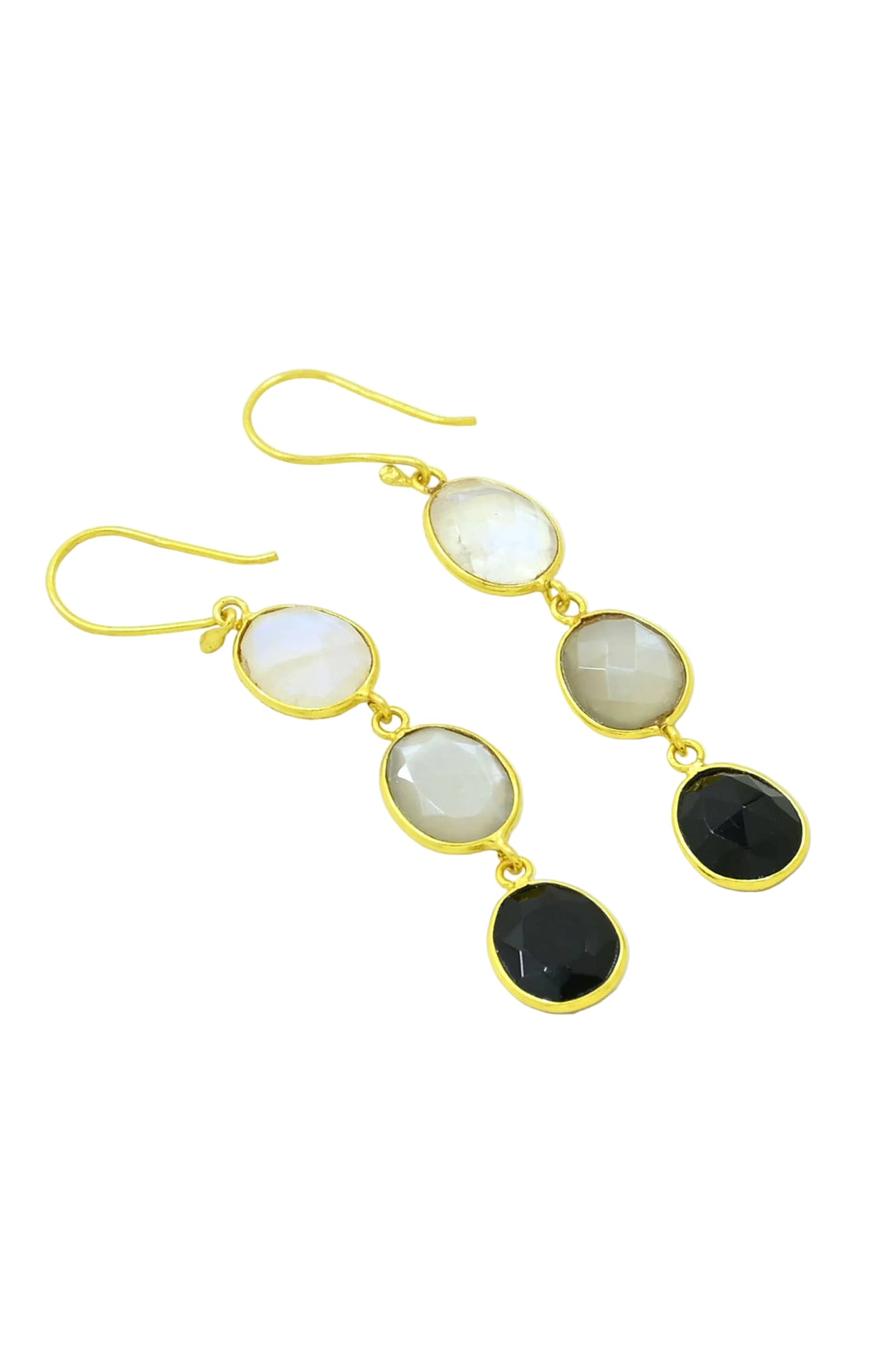 Gold-plated hook earrings showing moonstone and onyx gemstone detail.