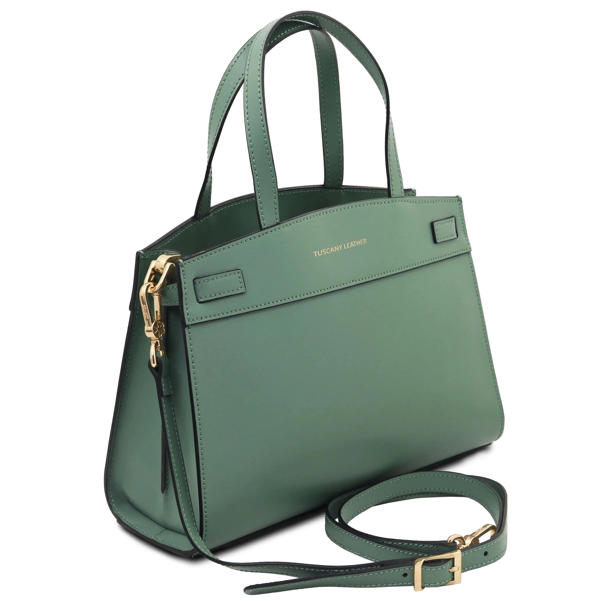 Front angled view Musa Italian Smooth Leather Tote Bag in mint green detachable with shoulder strap