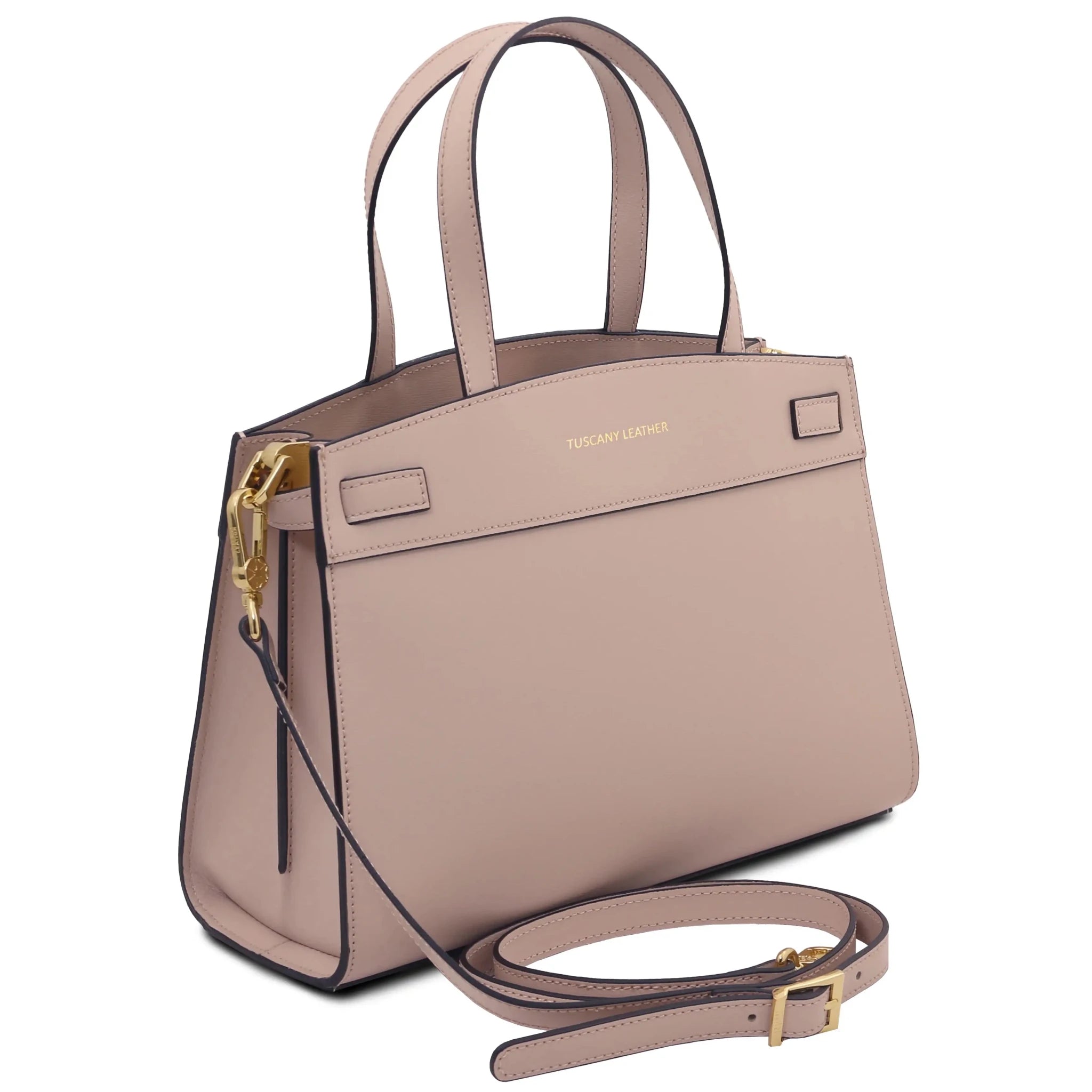 Front angled view Musa Italian Smooth Leather Tote Bag in nude with detachable shoulder strap